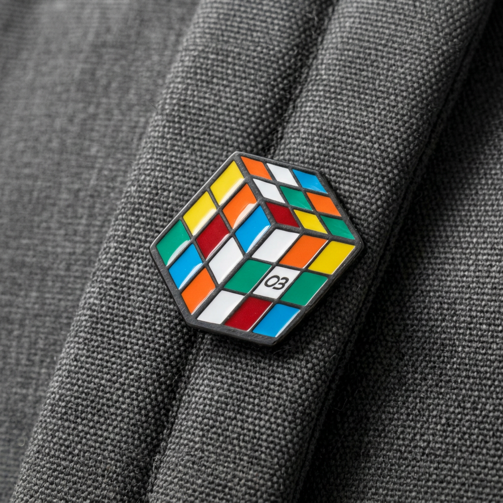 Detalhe do pin de Cubo Mágico metálico com relevo tridimensional do cubo