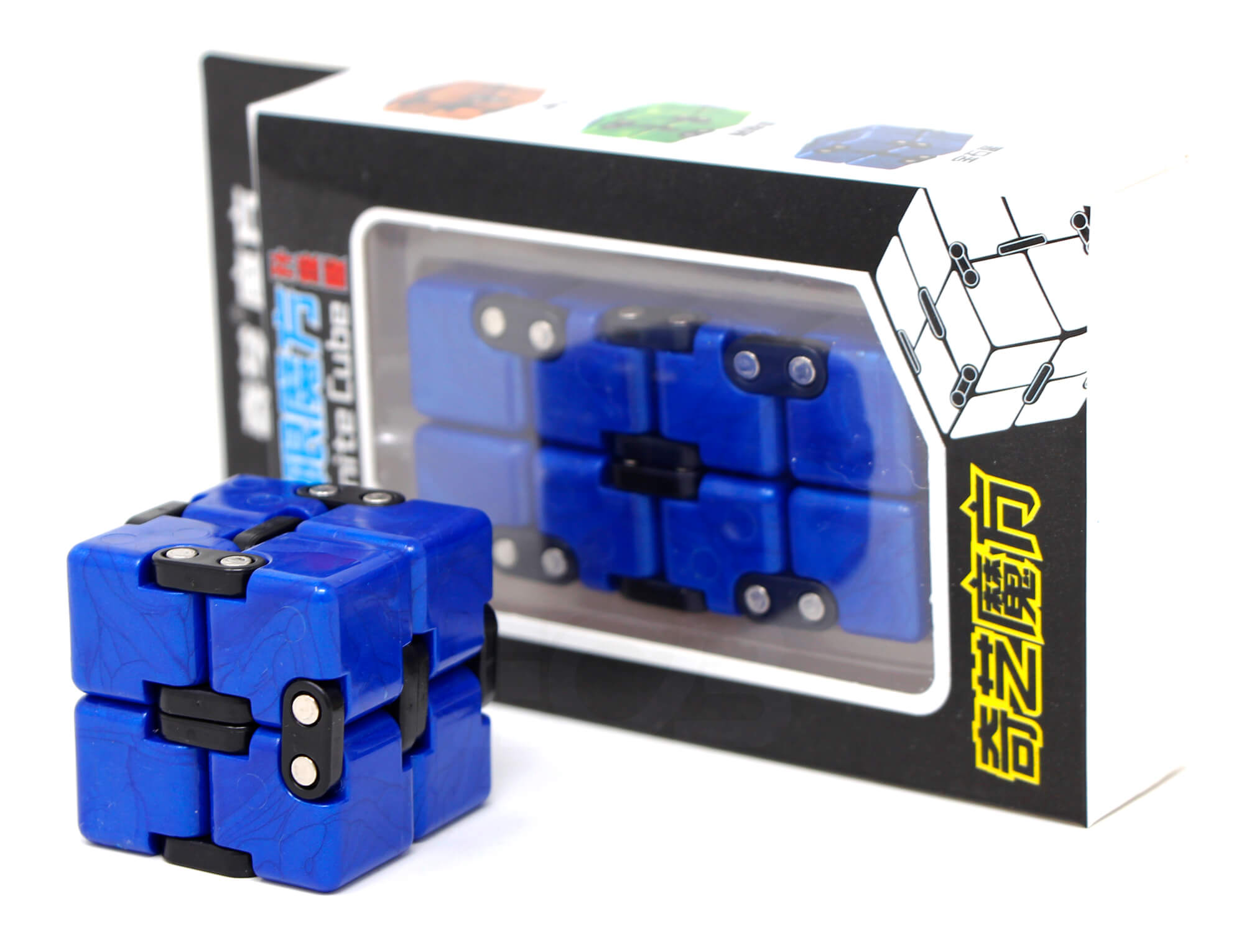 Cubo Infinito QiYi azul dobrado mostrando sequência de movimento contínuo