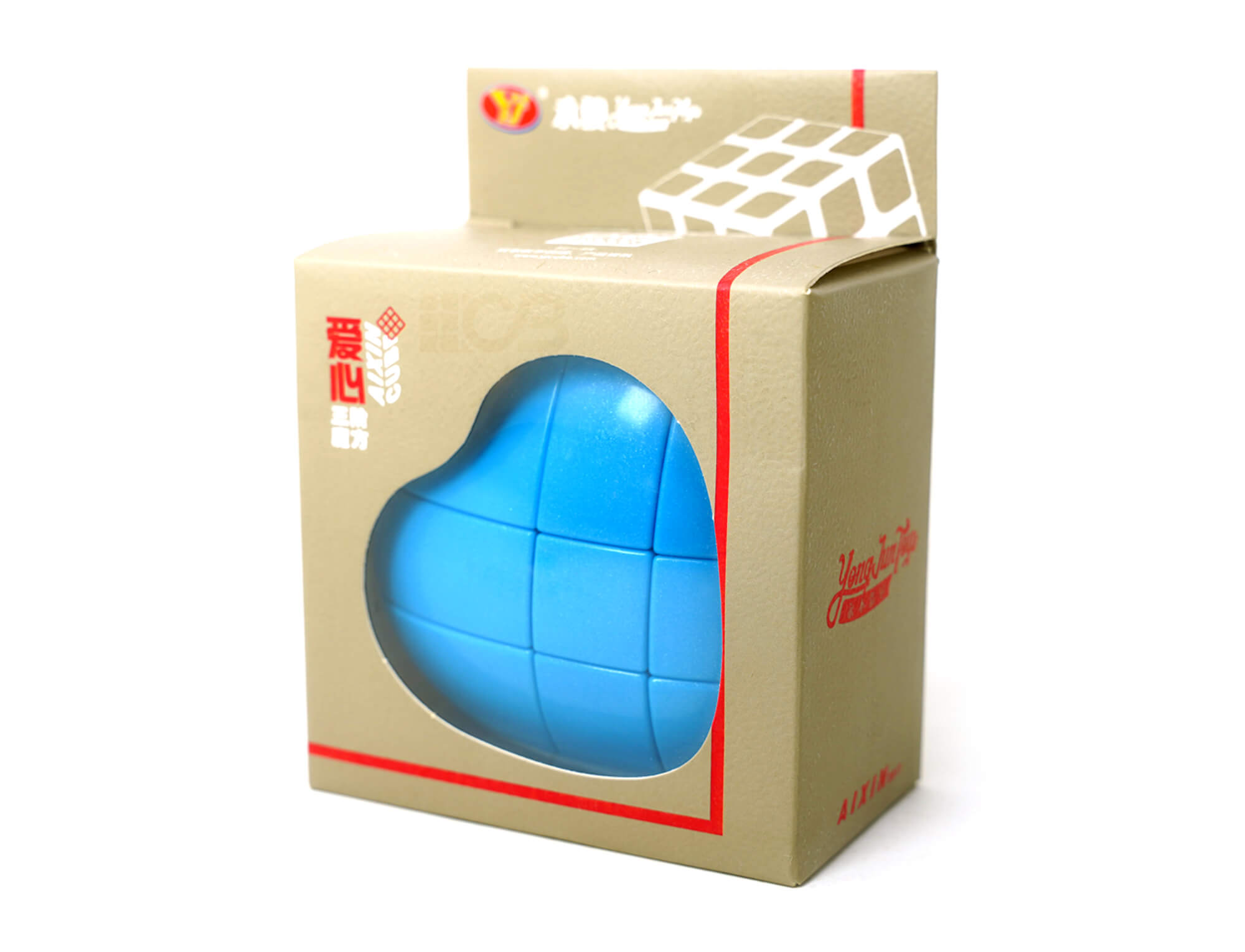 Cubo mágico Coração 3x3 azul YJ com movimentos aplicados mostrando as peças assimétricas