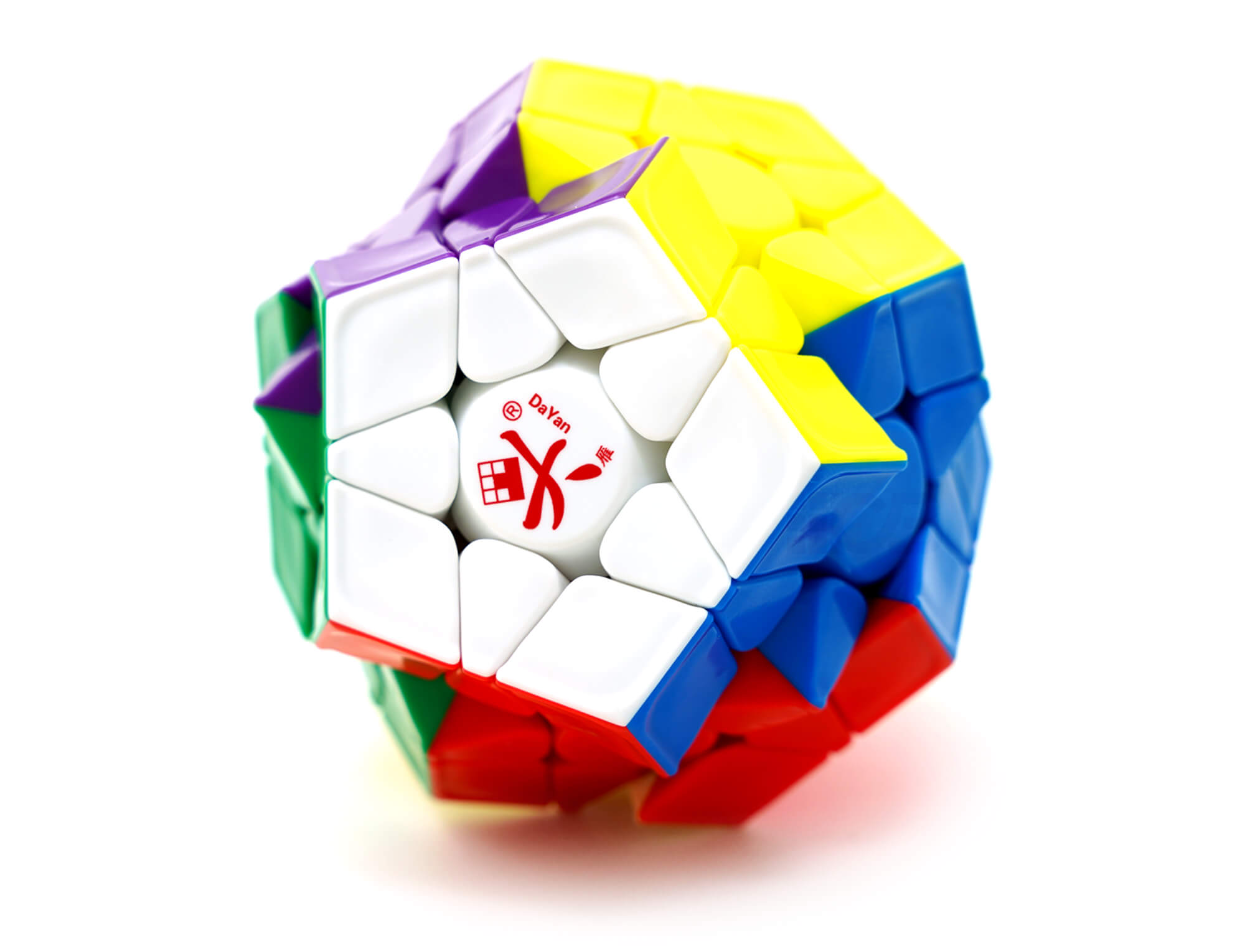 Megaminx DaYan WuMo Pro+ MagLev stickerless vista frontal mostrando as doze faces coloridas