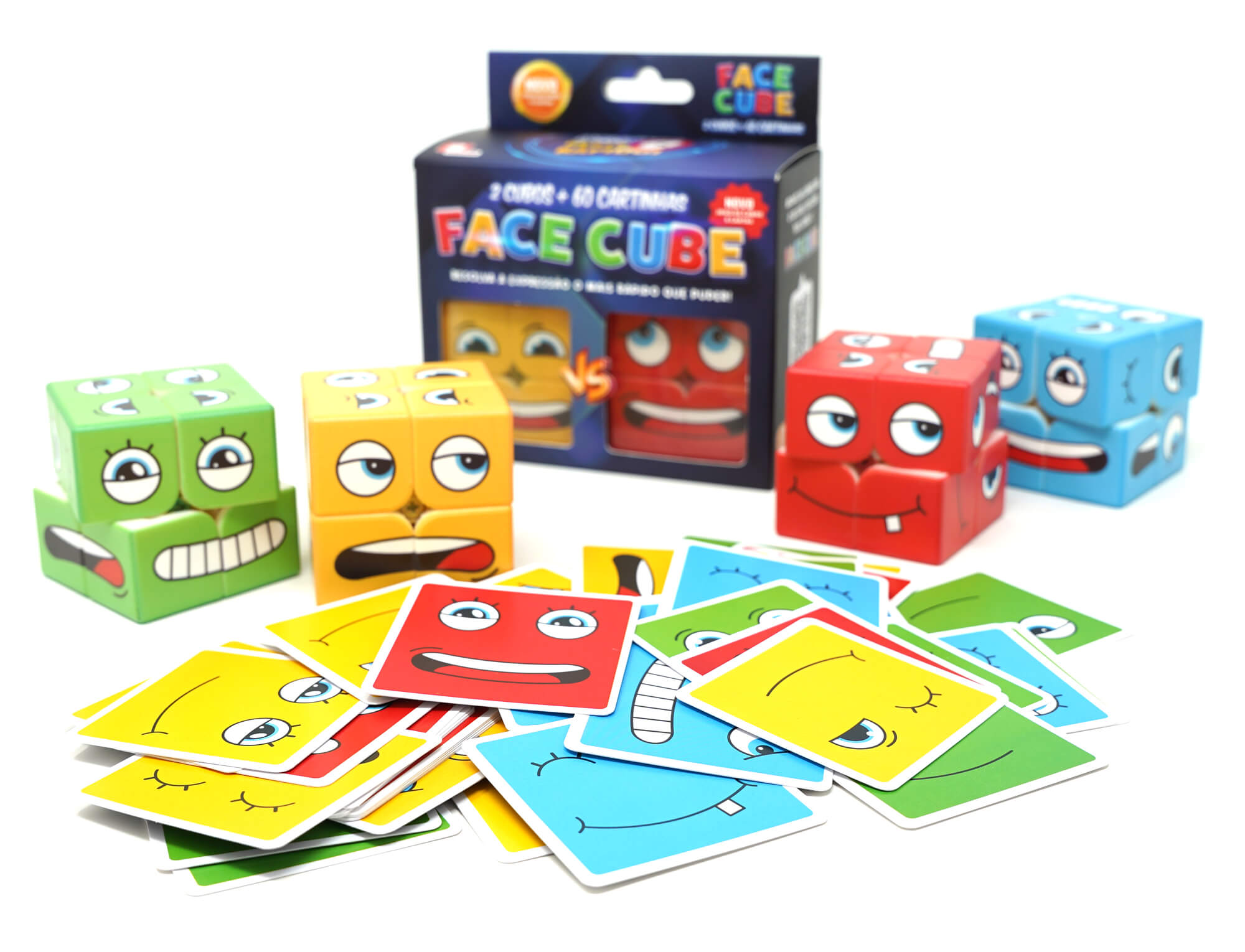Caixa do jogo Face Cube com 2 cubos 2x2 personalizados e 60 cartas de expressões