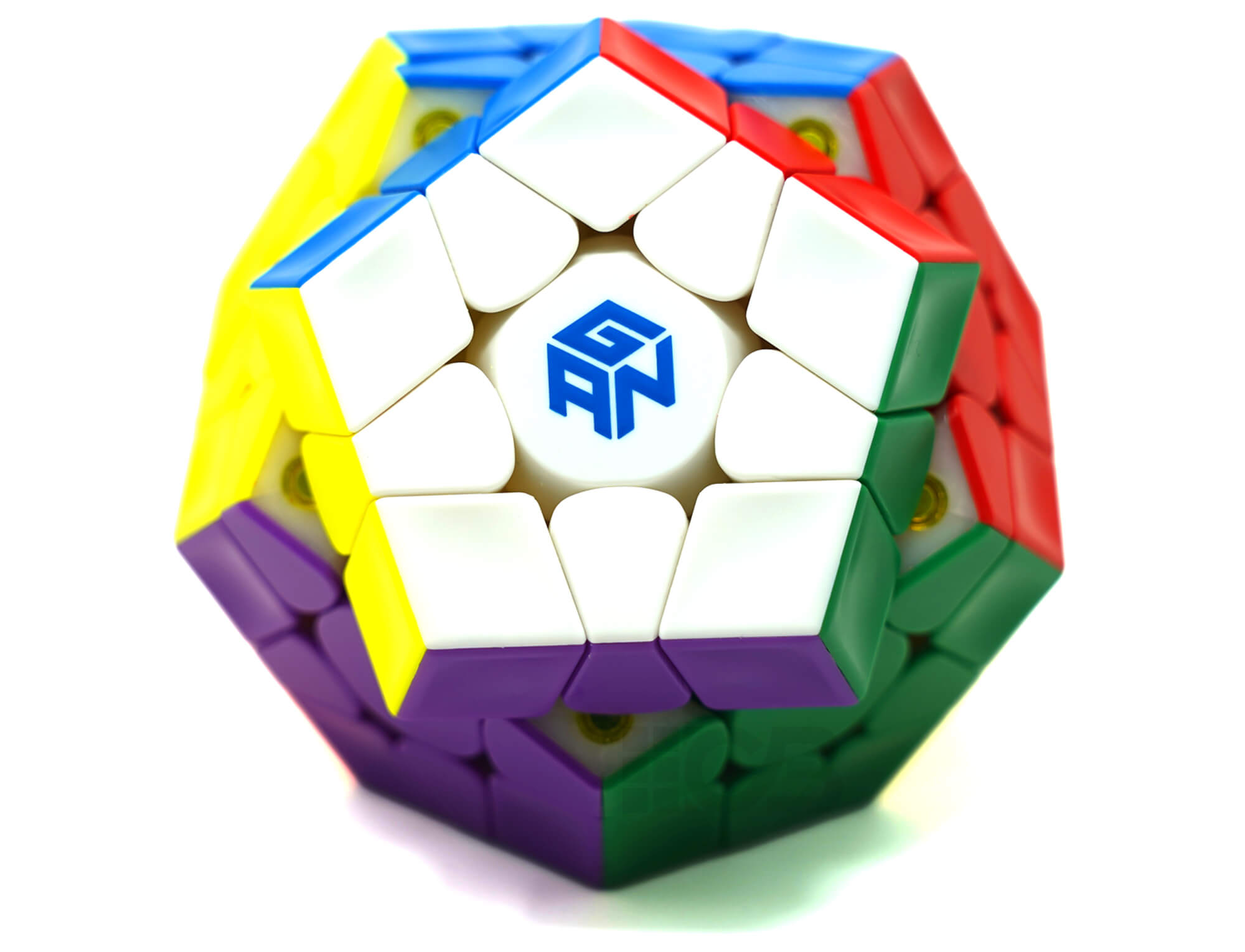Megaminx GAN MagLev stickerless visto de frente, mostrando as 12 faces coloridas