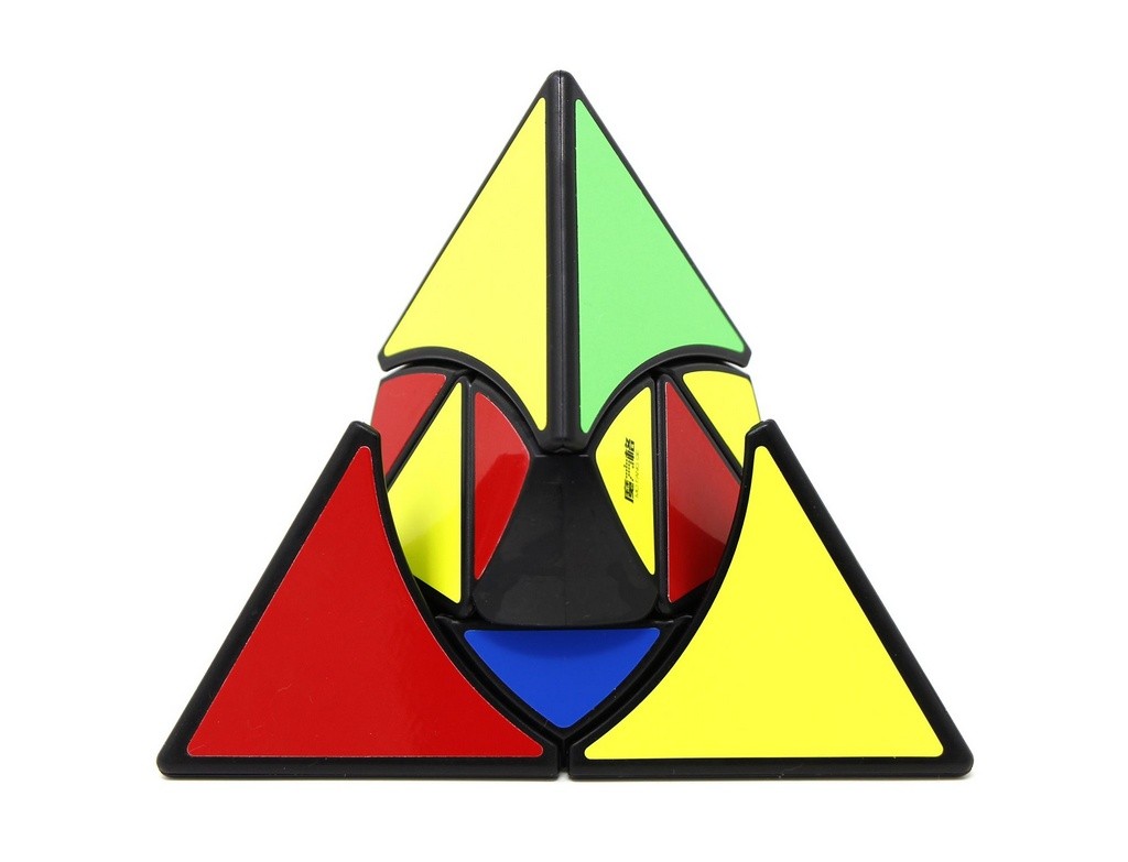 Vista lateral do Pyraminx Duomo QiYi mostrando as peças coloridas da pirâmide