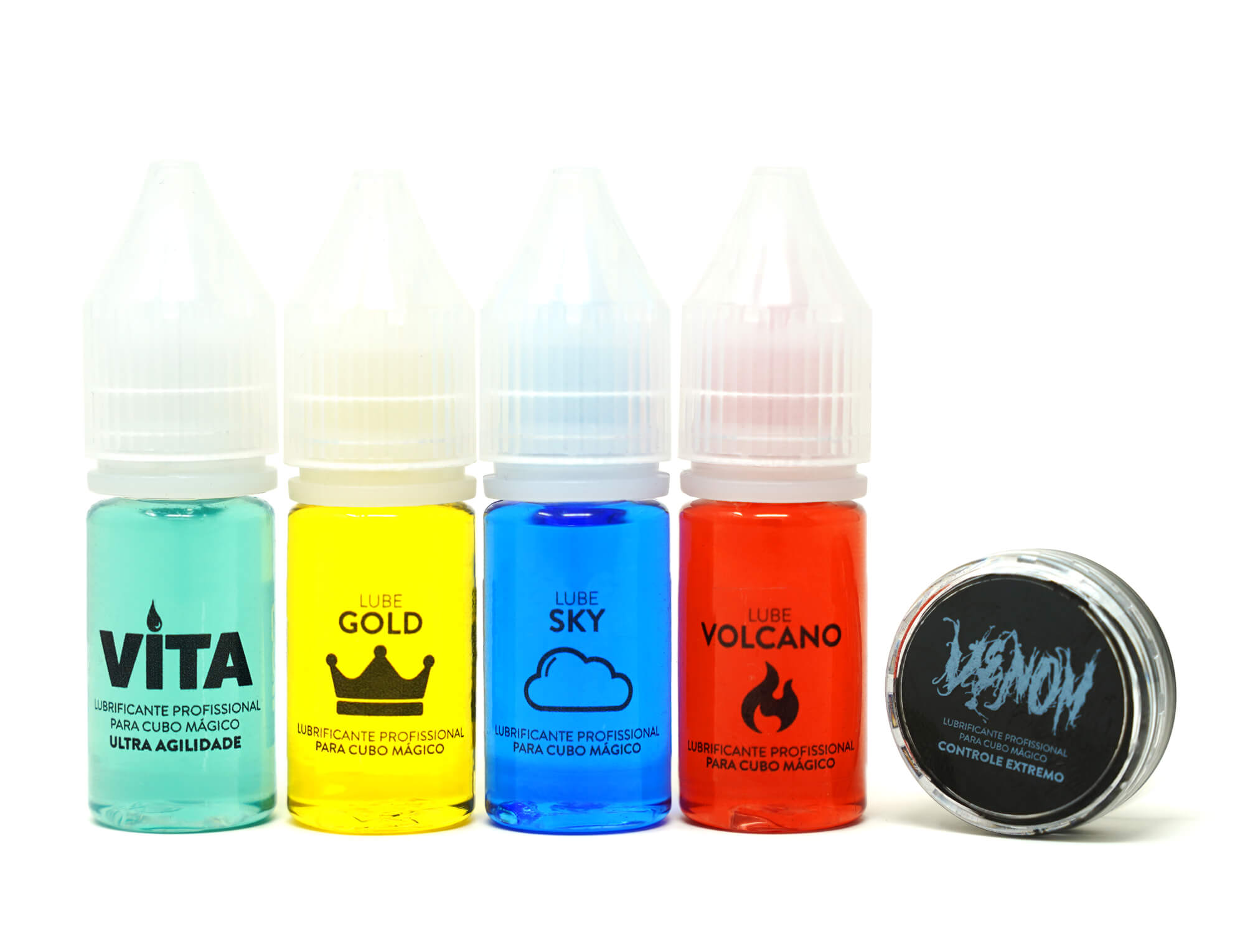 Super Kit Lubrificante Cuber Pro com 5 frascos — Sky, Gold, Volcano, Vita e Venom — sobre fundo branco