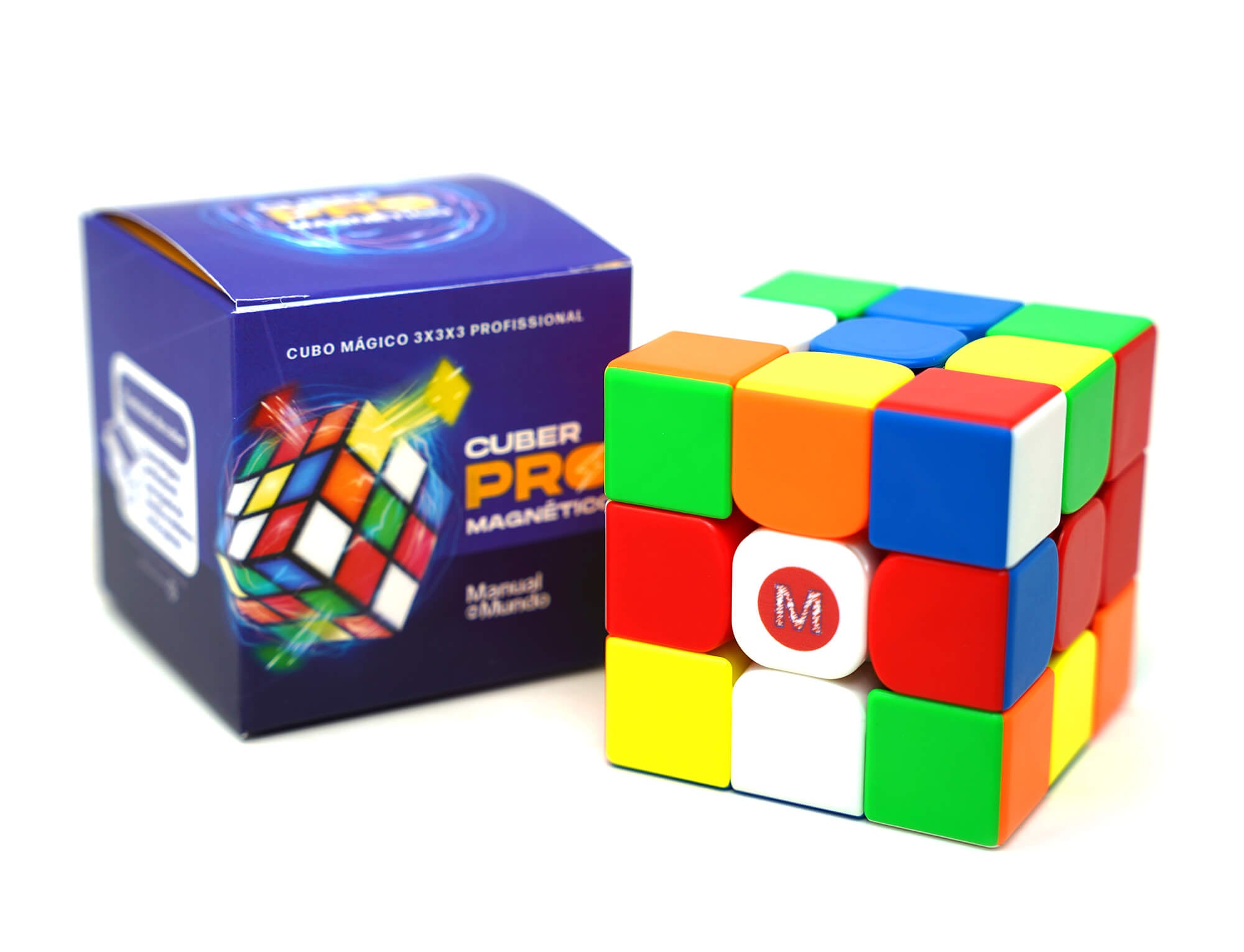 Vista lateral do Cubo Mágico Manual do Mundo mostrando as peças coloridas stickerless
