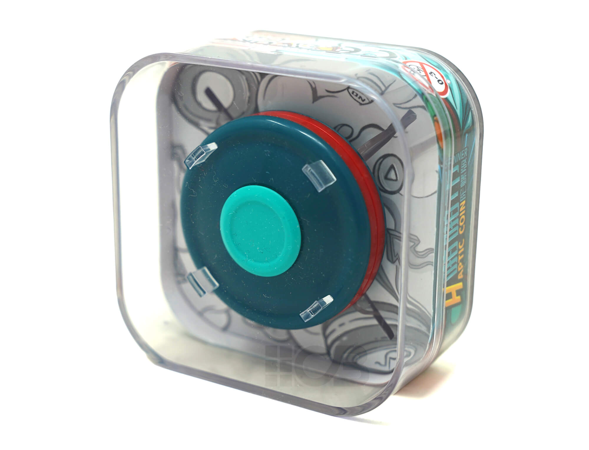 Haptic Coin Spinner QiYi azul em detalhe — mostrando as duas metades giratórias independentes