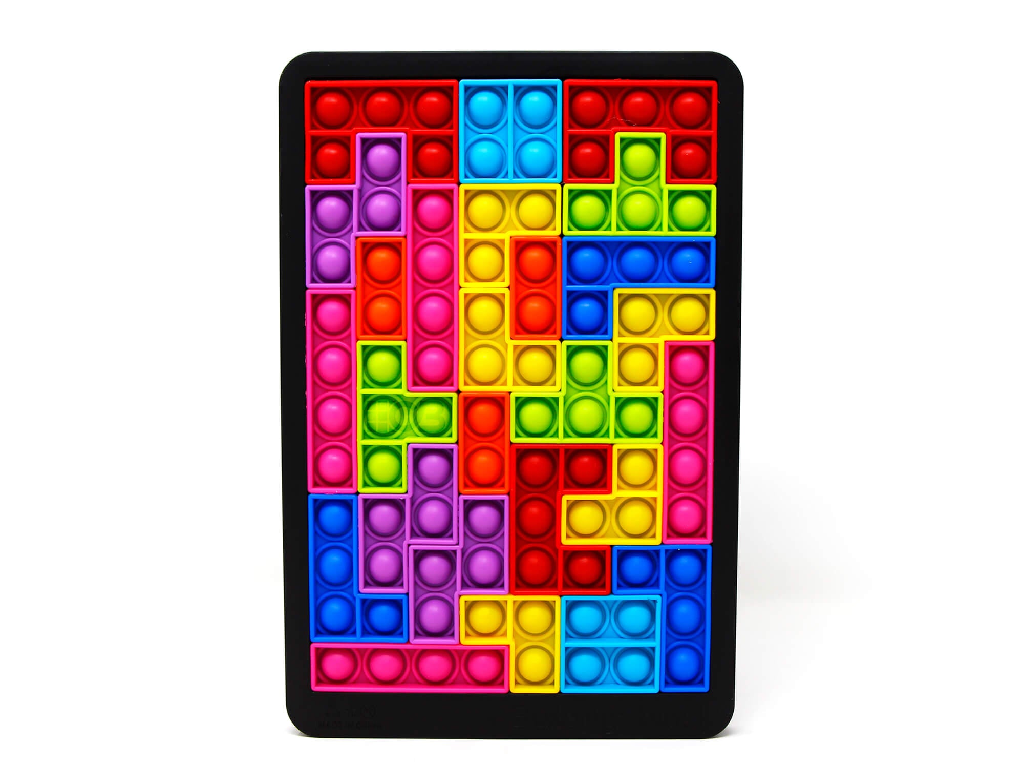 Jogo Blocks Tetris Pop It Fidget com tabuleiro e peças coloridas de silicone espalhadas