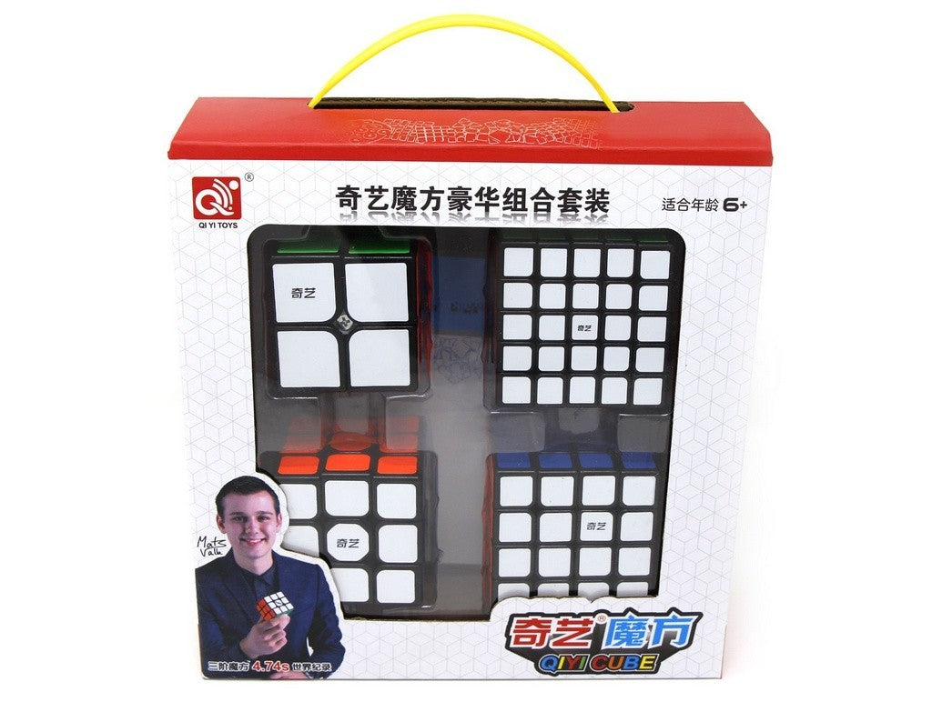 Box Kit QiYi com quatro cubos mágicos 2x2, 3x3, 4x4 e 5x5 stickerless na caixa oficial