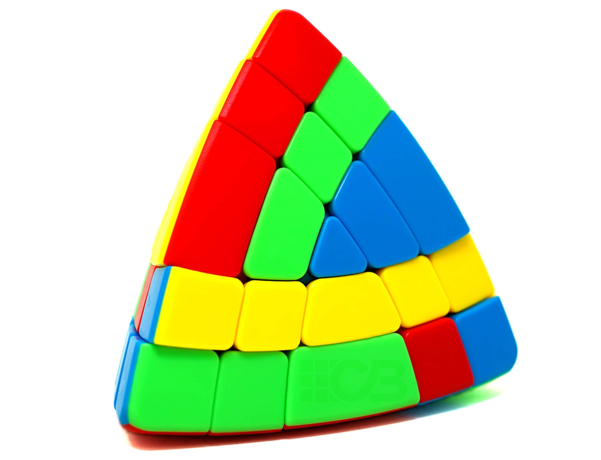 Vista lateral do Pyraminx 5x5 Magic Tower mostrando as cinco camadas da pirâmide