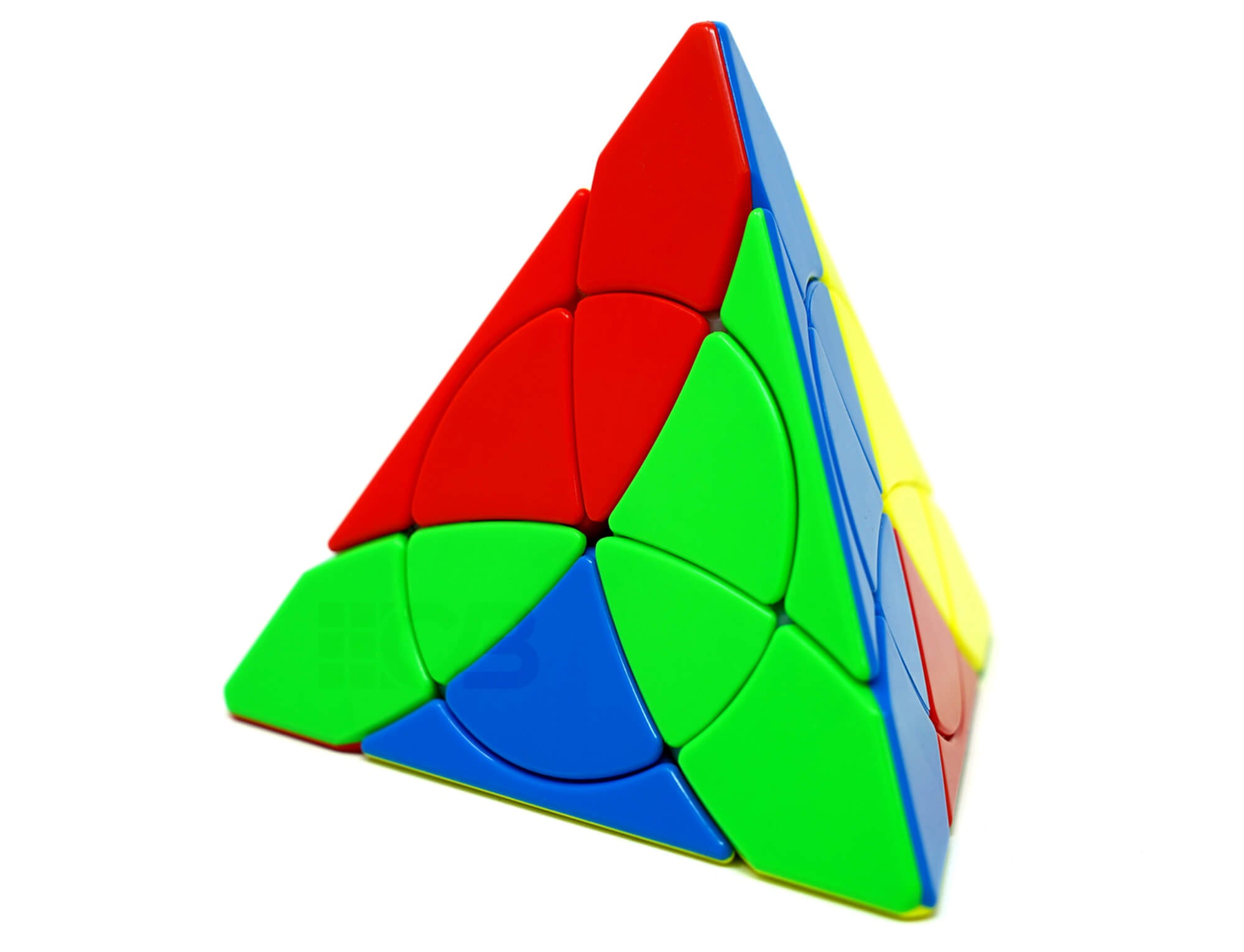 Pyraminx Petal YJ com detalhe dos círculos de cada face em posição parcialmente embaralhada