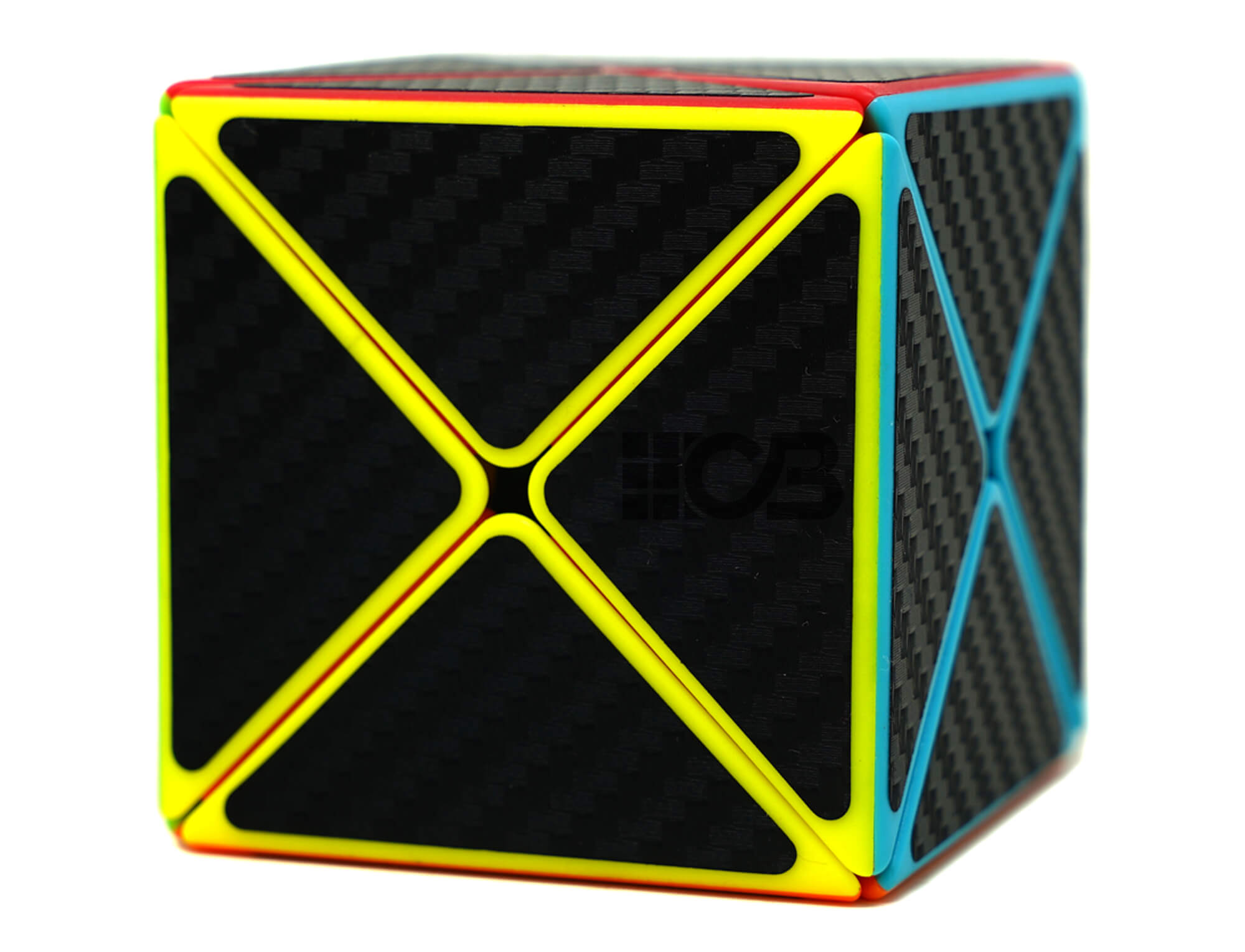 Dino Cube Carbon QiYi — ângulo lateral evidenciando as peças coloridas e a textura carbon
