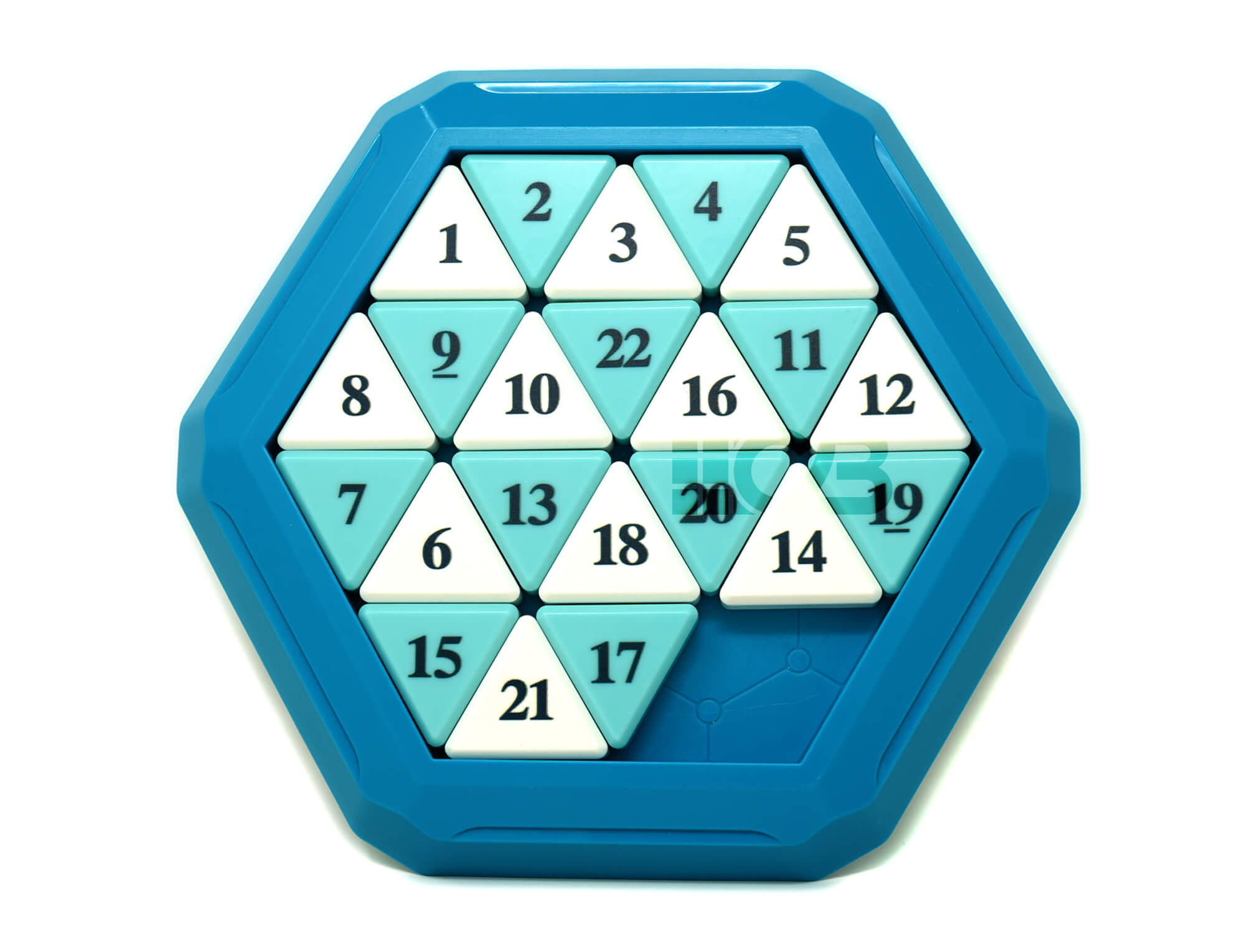 Racha Cuca hexagonal QiYi azul visto de frente, mostrando o formato e as peças deslizantes