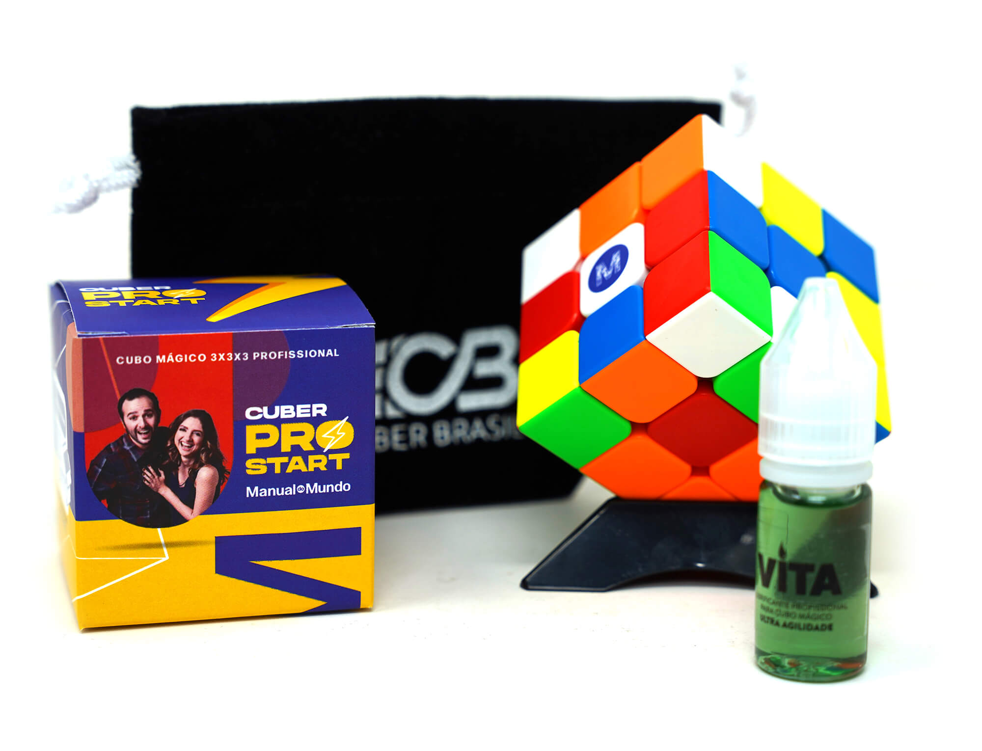 Kit Cubo Mágico 3x3 Manual do Mundo com base expositora, bag e lubrificante VITA