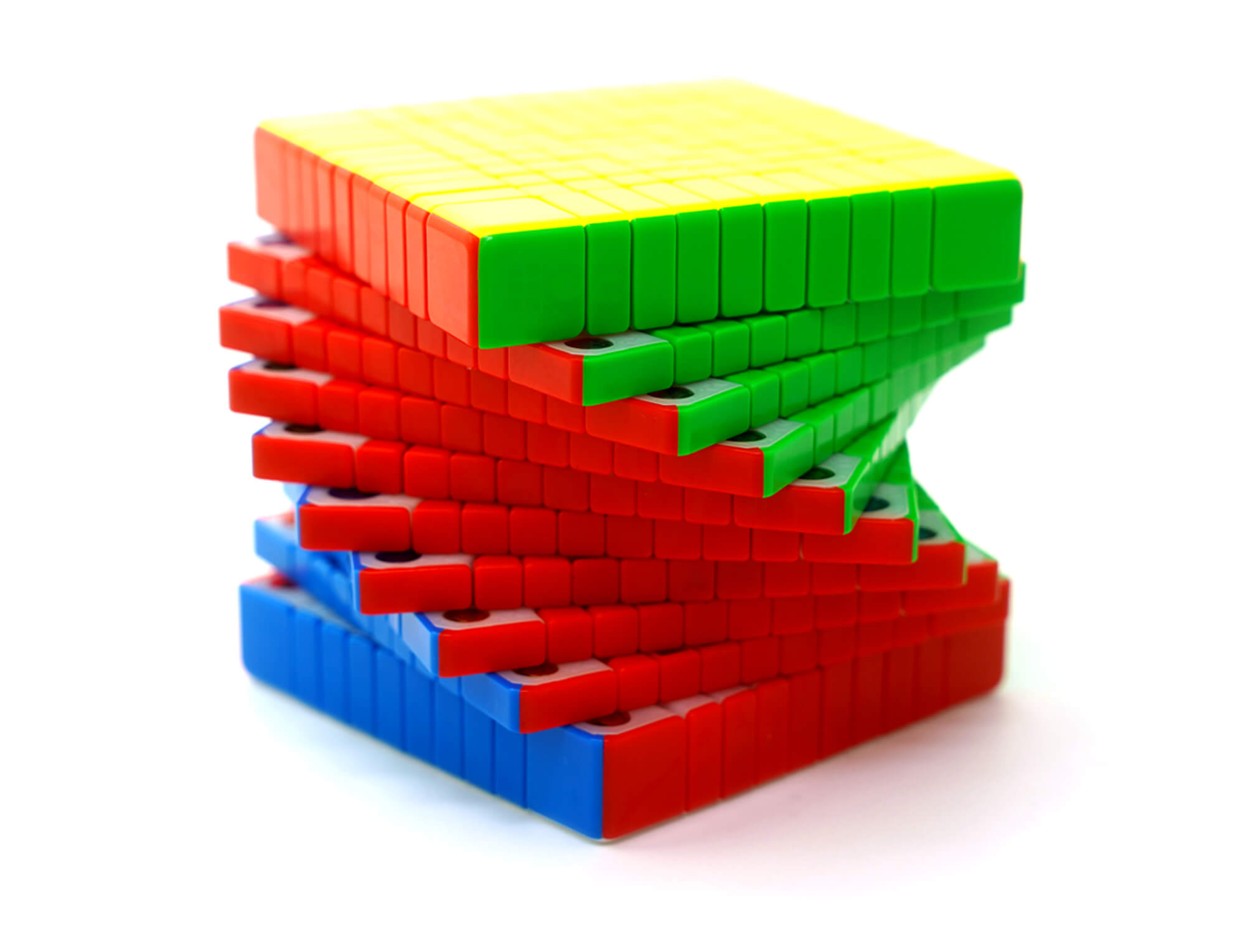 Cubo Mágico 10x10 QiYi Stickerless — ângulo lateral evidenciando a profundidade das camadas