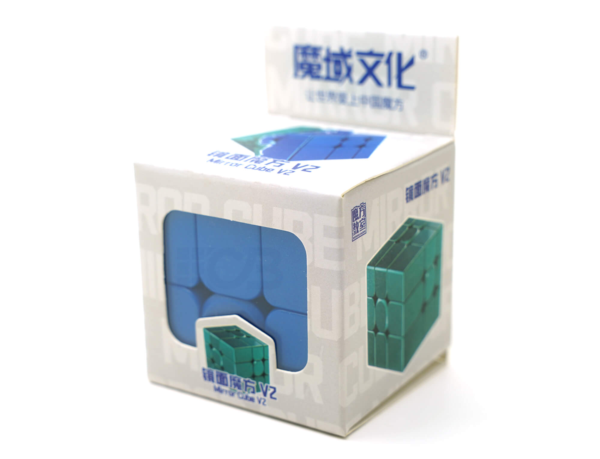 Mirror Blocks 3x3 Azul MoYu V2 — cubo em estado embaralhado sobre superfície neutra