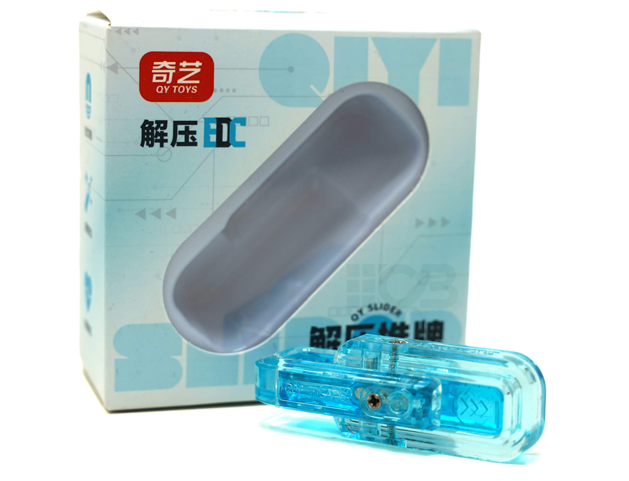 Fidget Slider QiYi azul com as peças parcialmente separadas mostrando o encaixe magnético