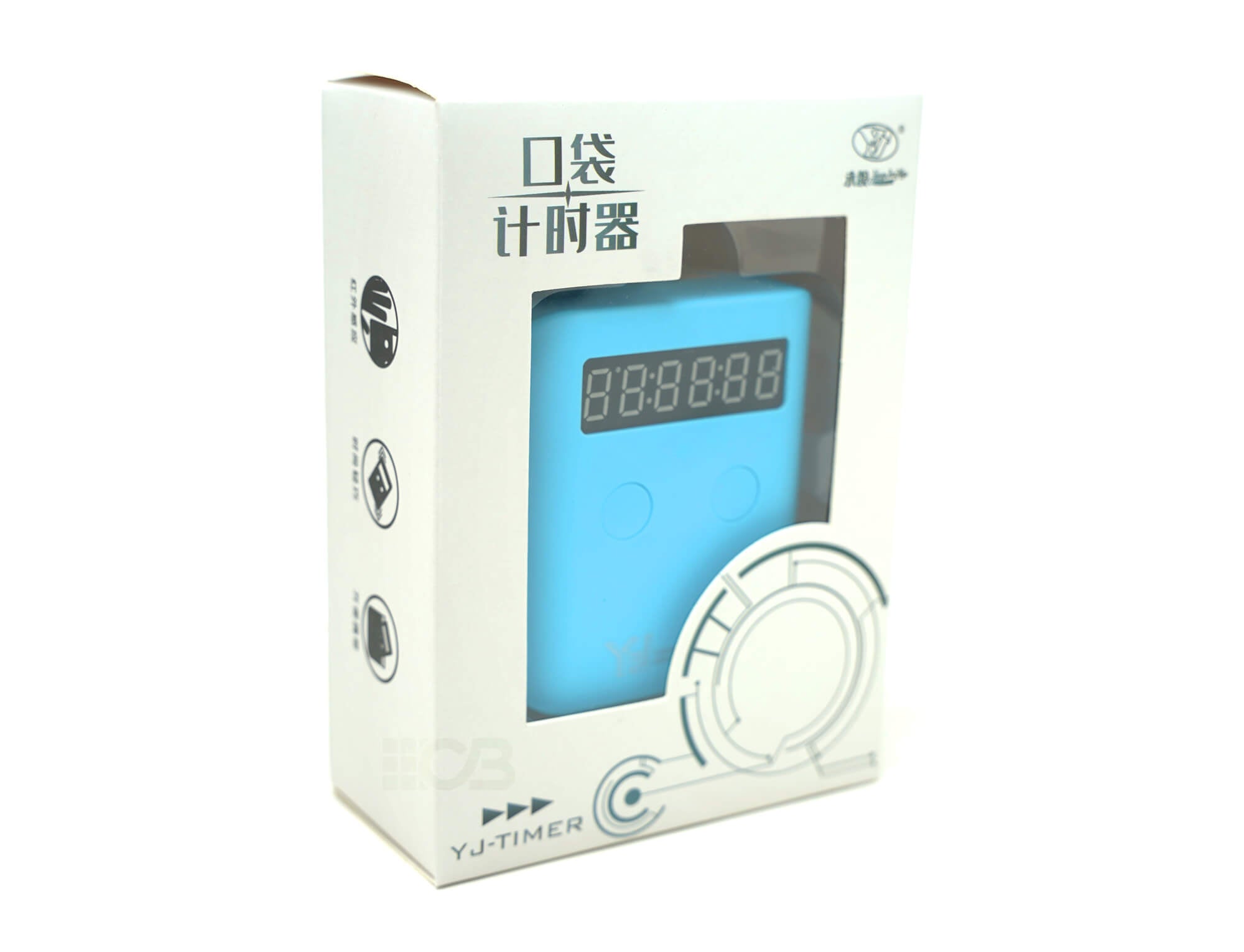 Cronômetro Timer Pocket YJ sobre fundo branco, vista frontal mostrando o display e os sensores infravermelhos laterais