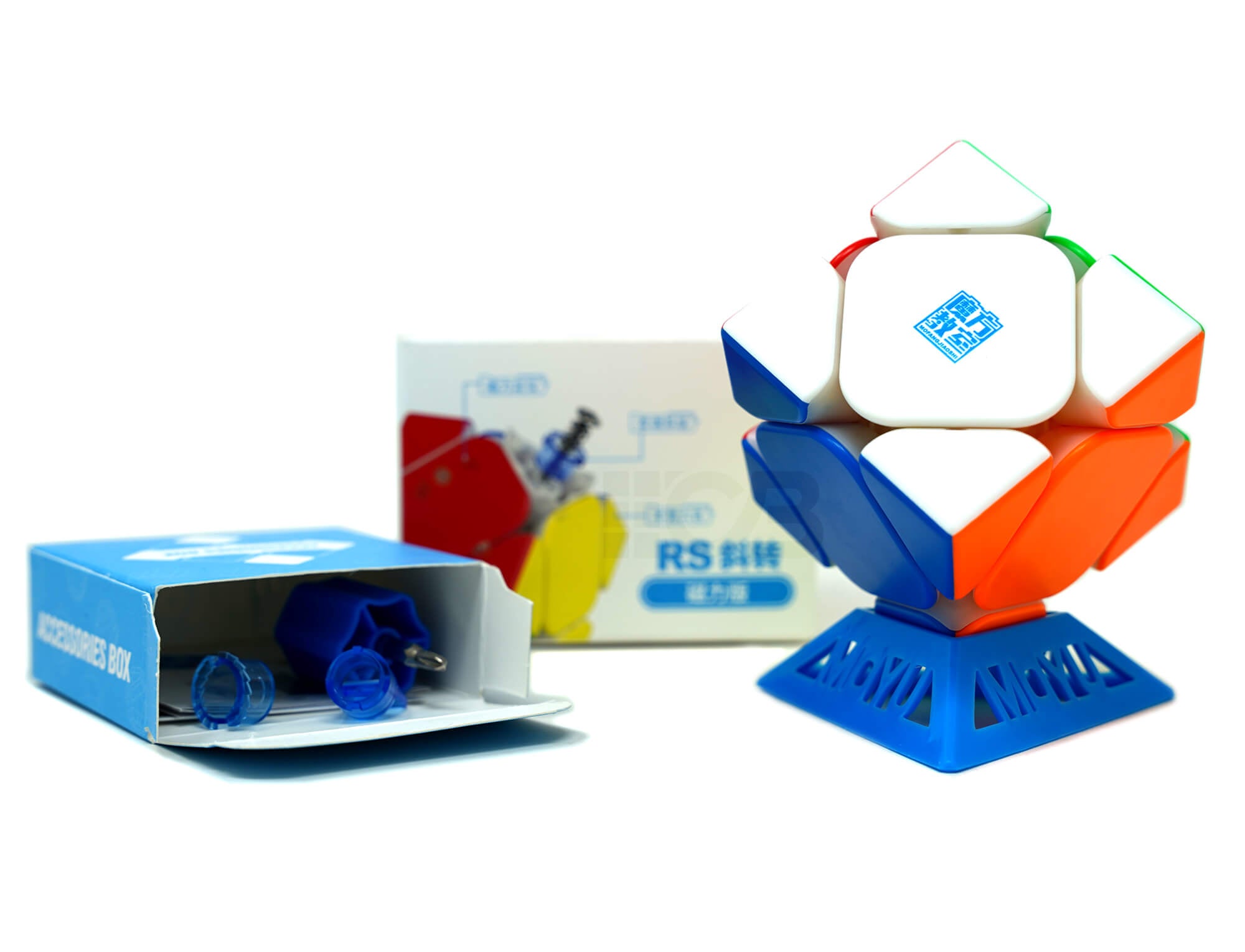 Skewb RS MoYu stickerless visto de cima mostrando a estrutura da face central