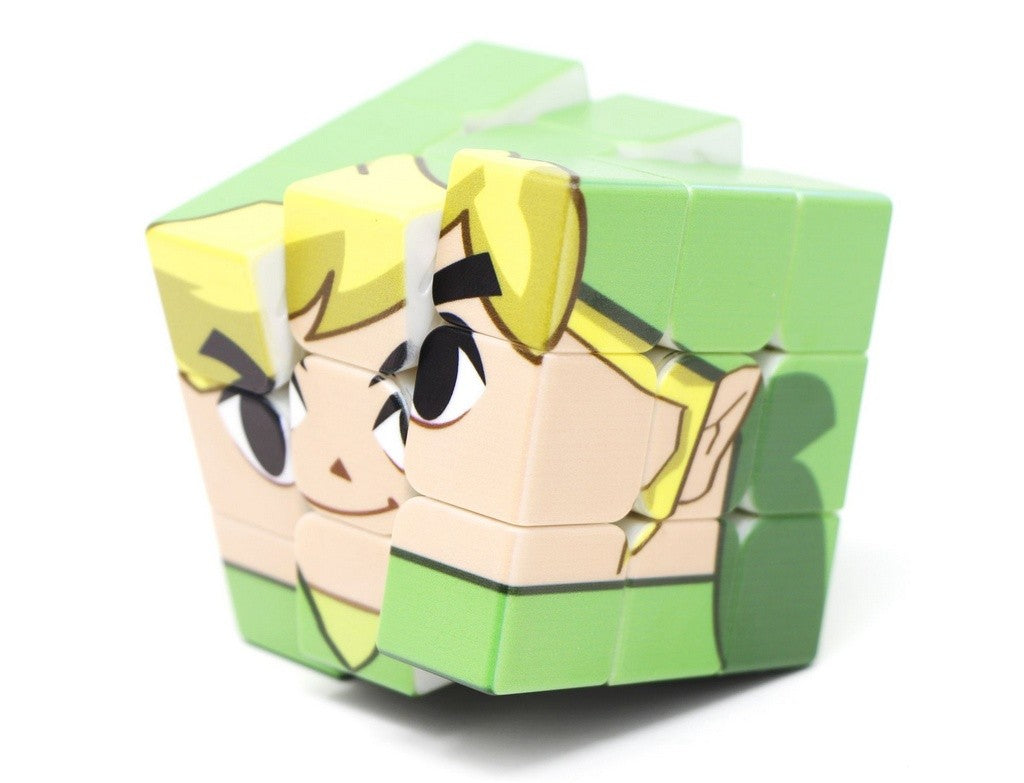 Detalhe da impressão UV do Toon Link no Cubo Mágico 3x3 Vinci Cube, mostrando nitidez da arte