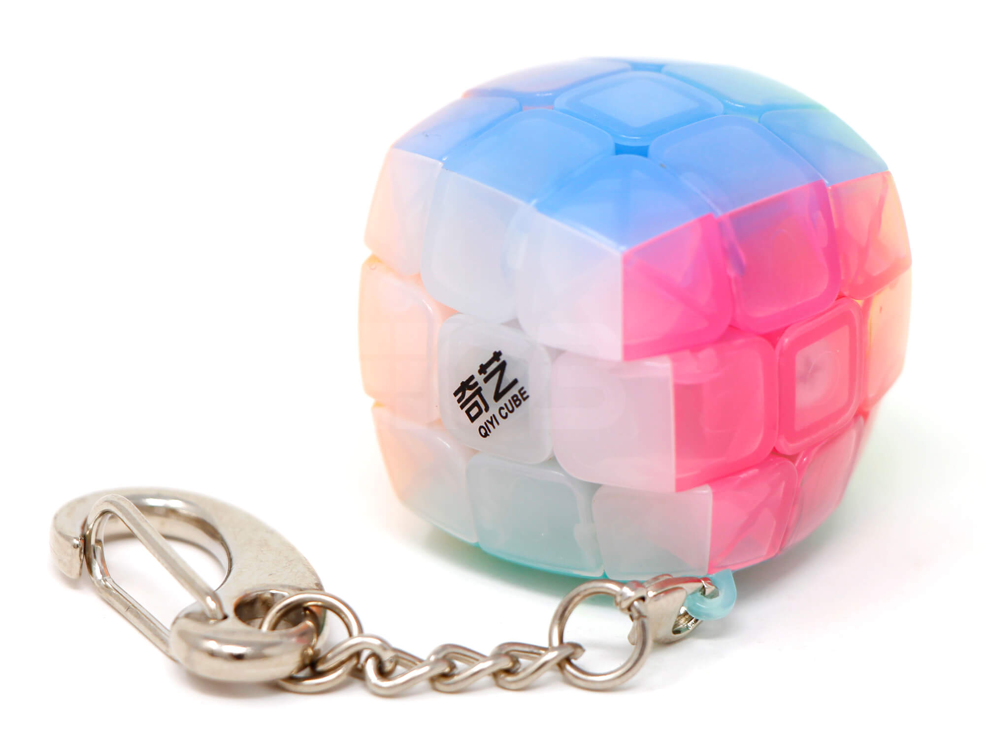 Cubo Mágico chaveiro QiYi Pillow Jelly 3x3 com peças translúcidas coloridas — vista frontal