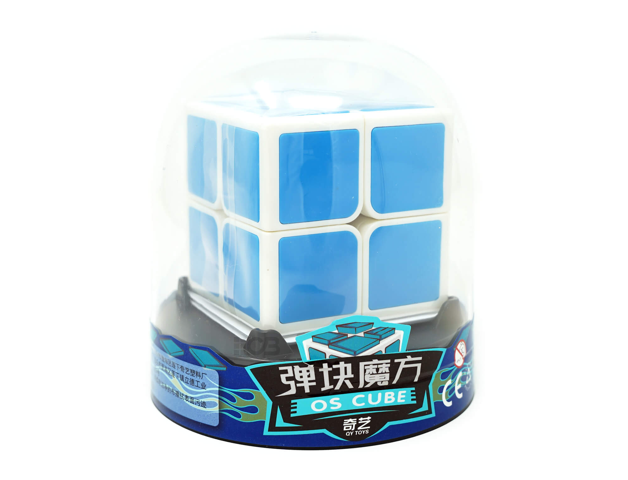 QiYi OS Cube 2x2 em ângulo lateral mostrando o mecanismo pop-tile ativado