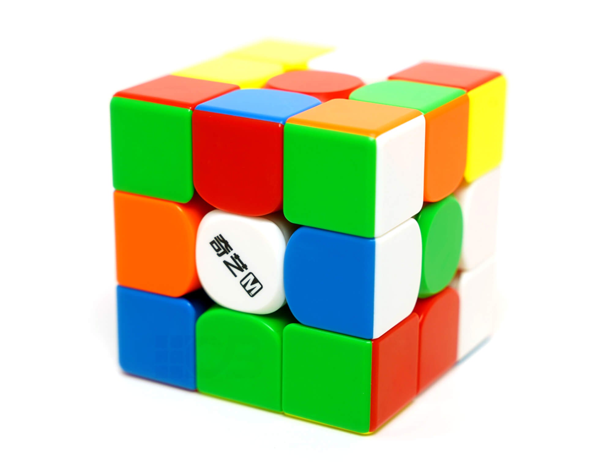 QiYi M Pro Elite Version — detalhe das peças de canto e meio com cores vivas stickerless