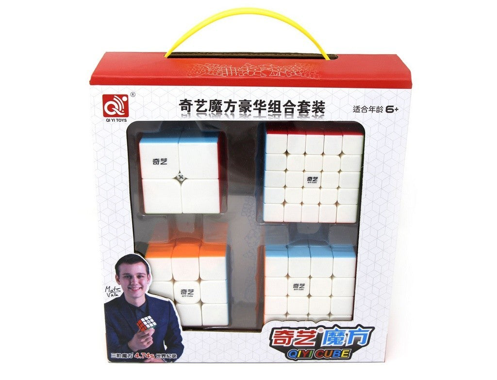 Kit QiYi com quatro cubos mágicos stickerless 2x2, 3x3, 4x4 e 5x5 lado a lado sobre fundo branco