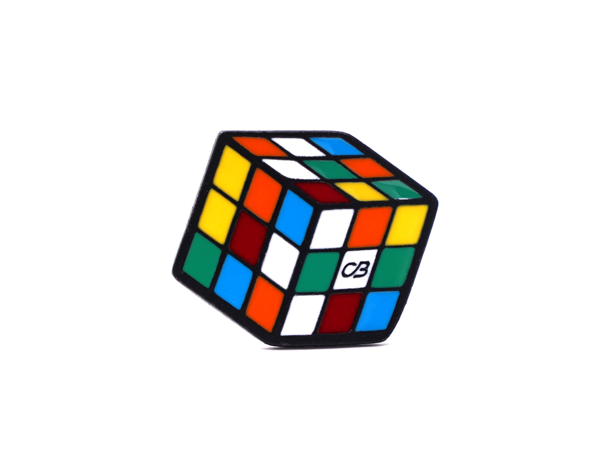 Pin metálico de Cubo Mágico visto de frente, com acabamento prateado