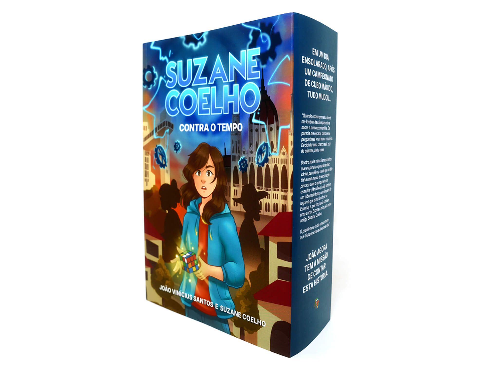 Foto do livro Suzane Coelho Contra o Tempo sobre superfície com Cubo Mágico ao lado