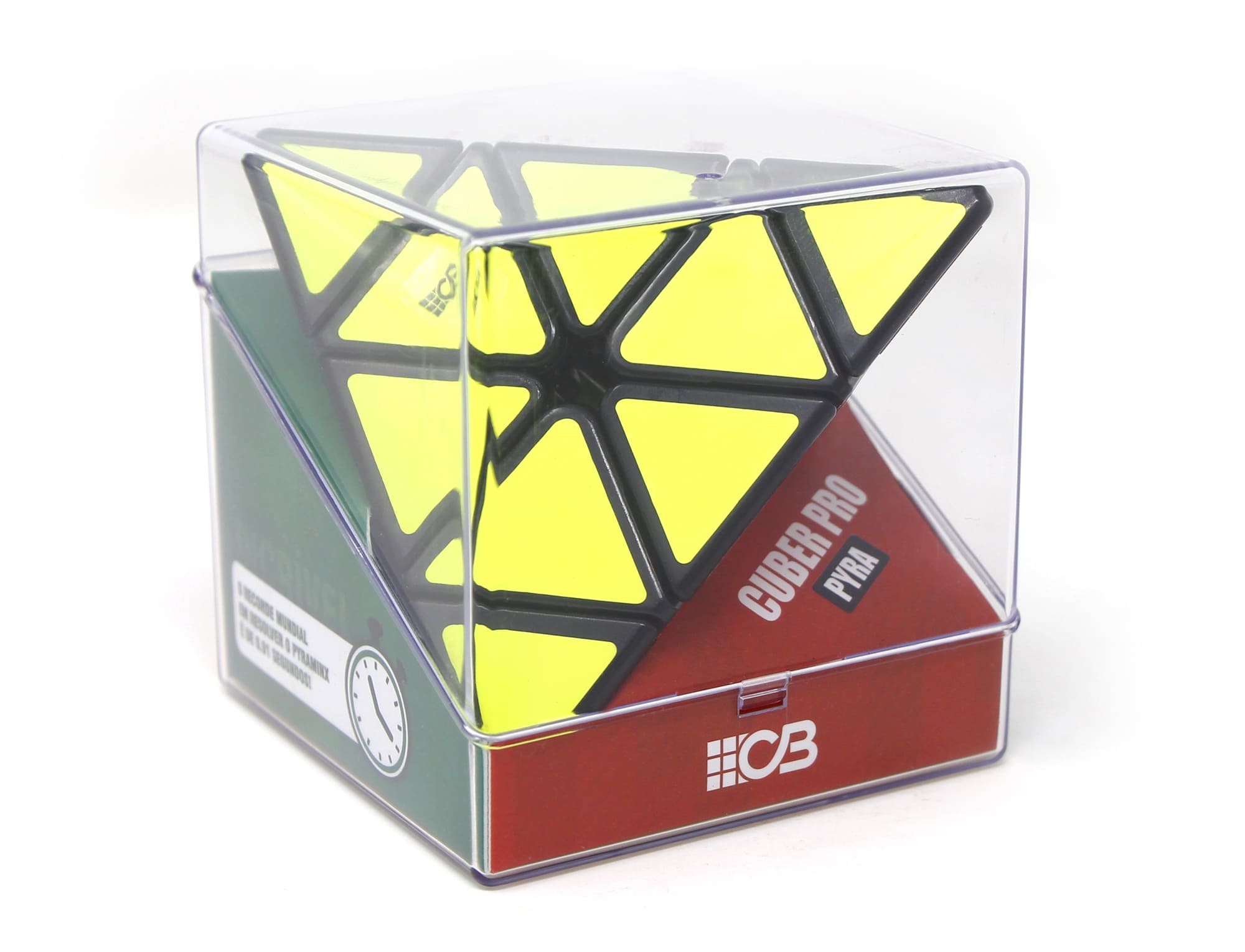 Pyraminx Cuber Pro aberto ao lado da embalagem Cuber Pro