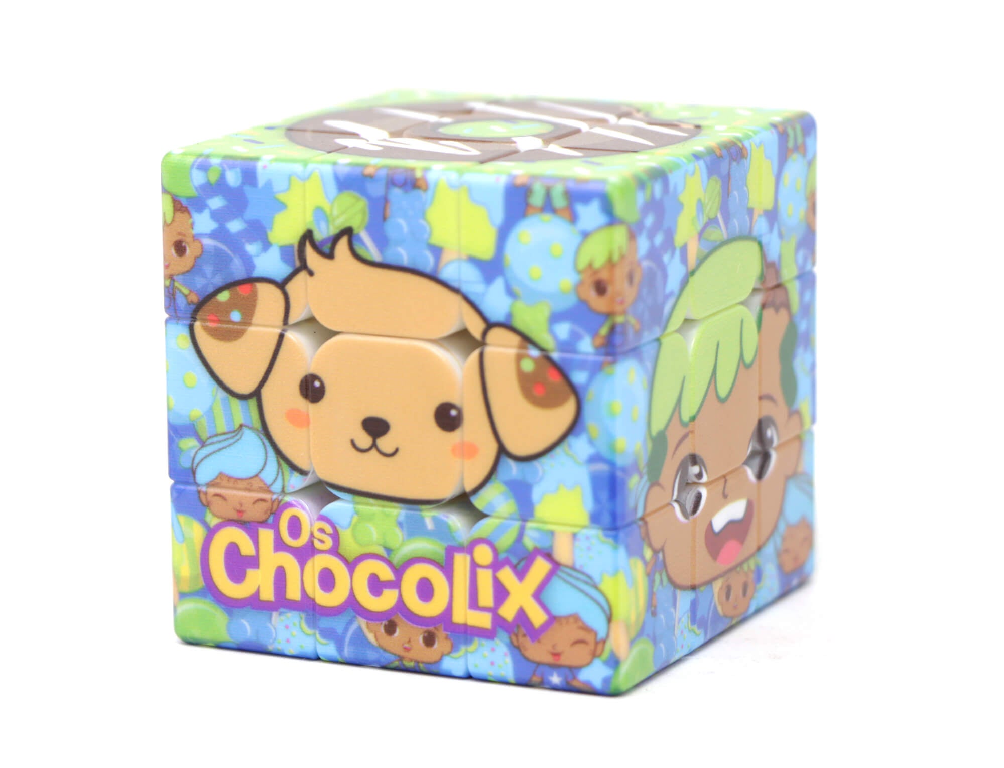 Close nas faces do Cubo Mágico Os Chocolix destacando a qualidade da impressão