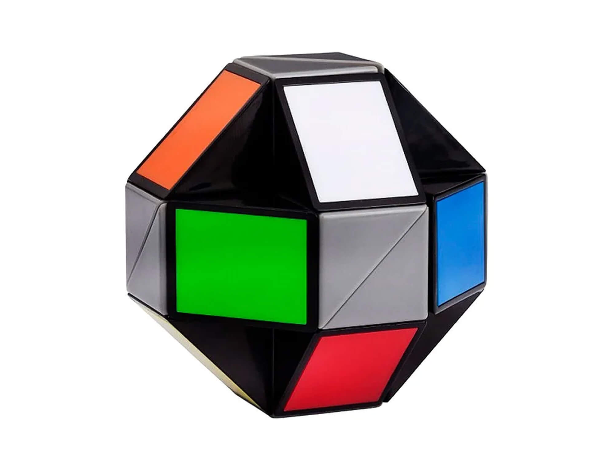 Rubik's Twist na forma de cobra, mostrando as 24 cunhas coloridas conectadas em sequência
