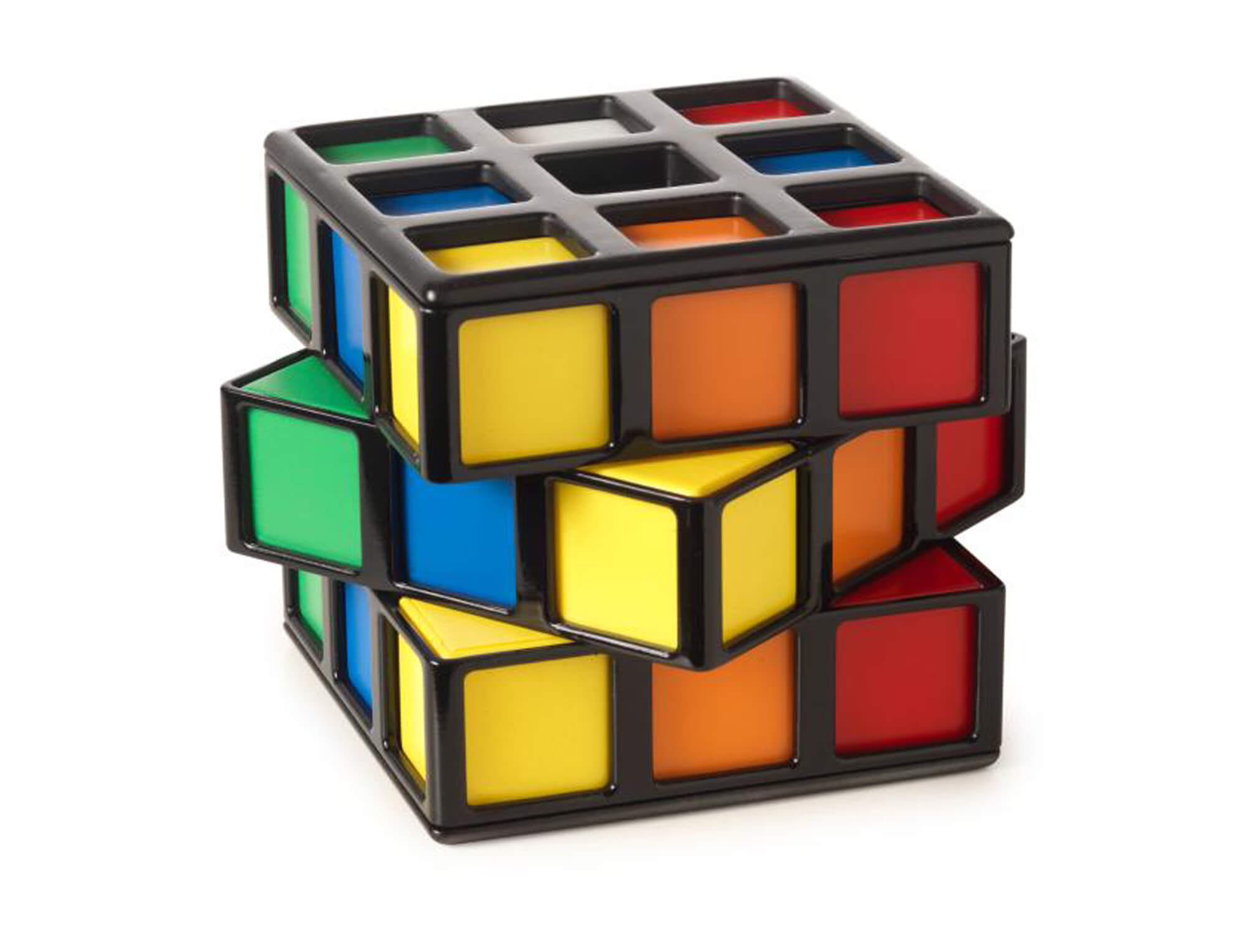 Rubik's Cage fechado mostrando a gaiola com cubinhos coloridos em posição inicial