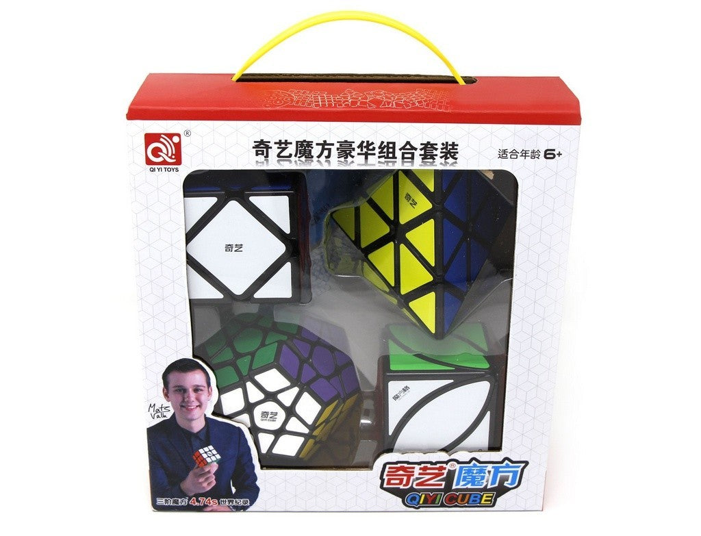 Kit QiYi com Megaminx, Pyraminx, Skewb e Ivy stickerless — vista frontal da embalagem