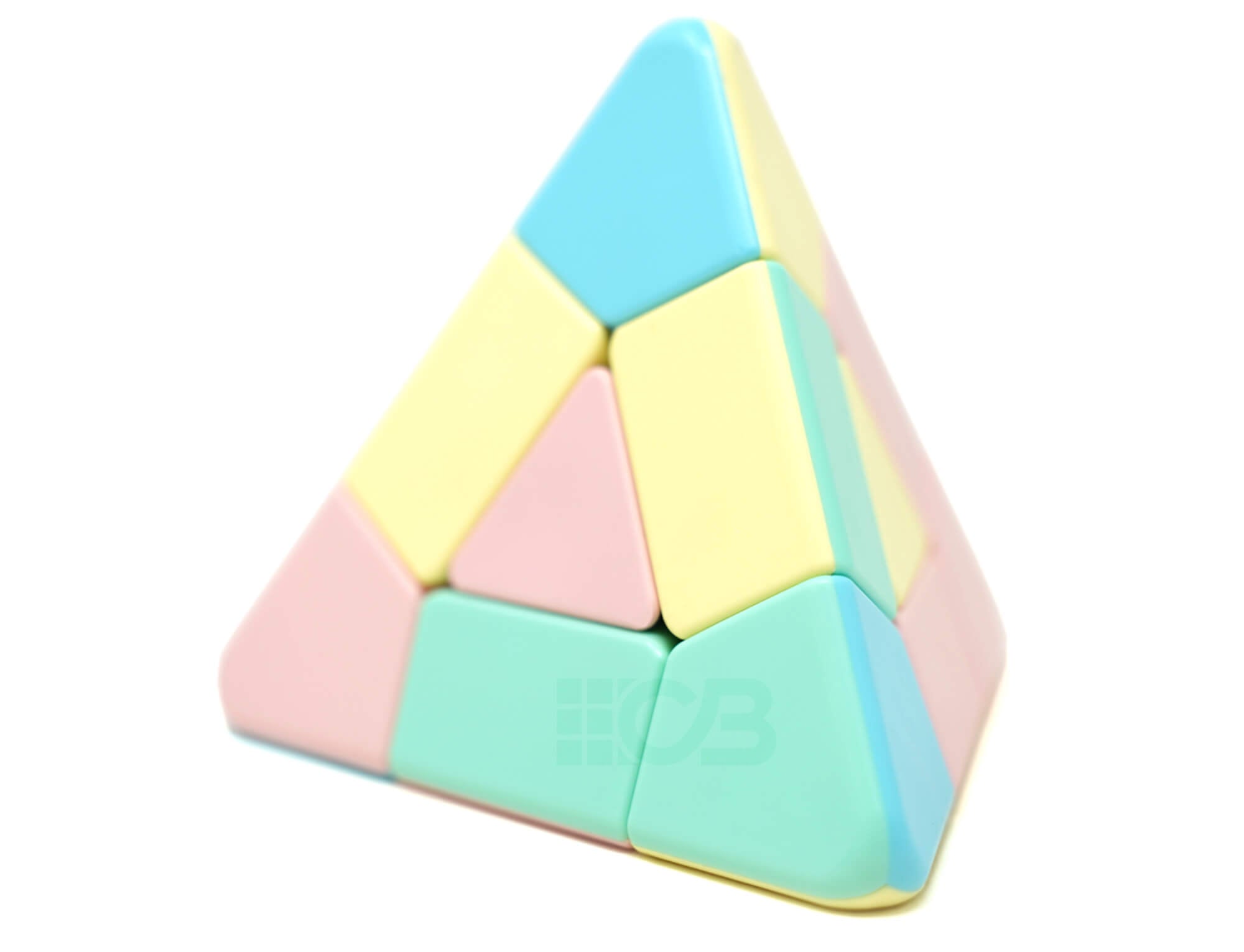 Pyraminx Pastel MoYu em peças stickerless com cores suaves, vista frontal sobre fundo claro