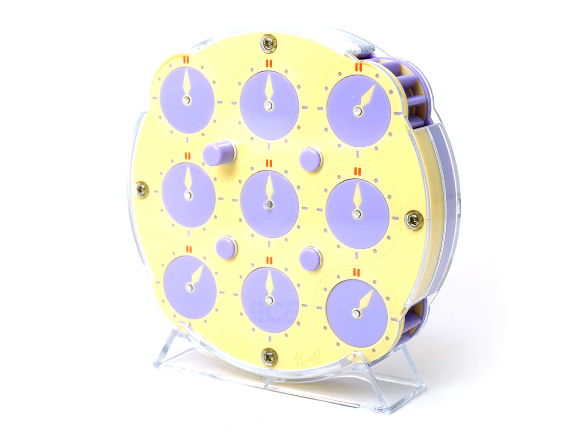 Detalhe lateral do Clock magnético QiYi lilás destacando o acabamento stickerless e os botões de ajuste