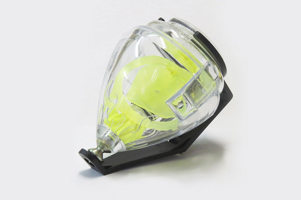 Pião Fênix Campanha transparente com detalhes em relevo interno visíveis pelo policarbonato