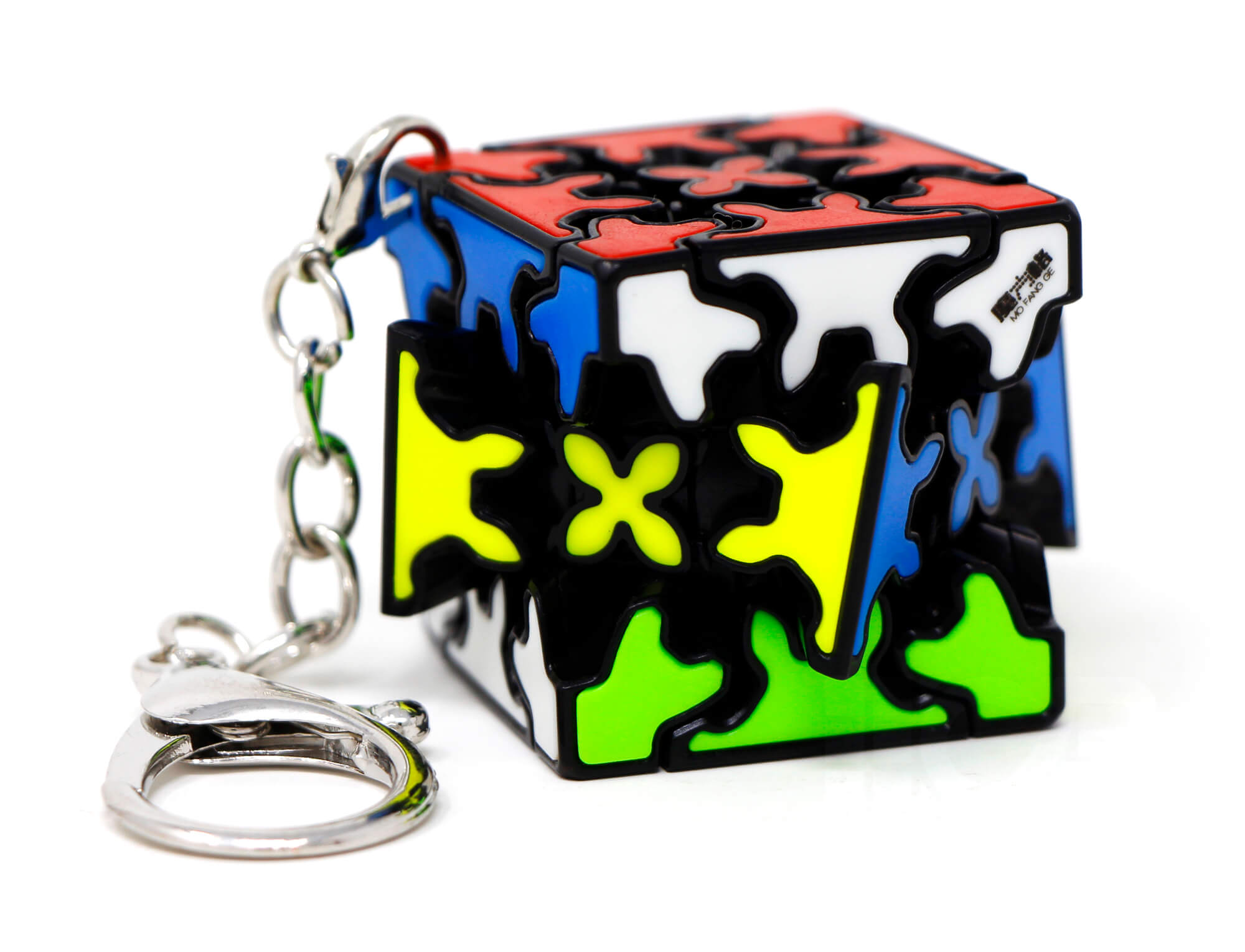 Gear Cube 3x3 Chaveiro QiYi em visão frontal mostrando as engrenagens visíveis
