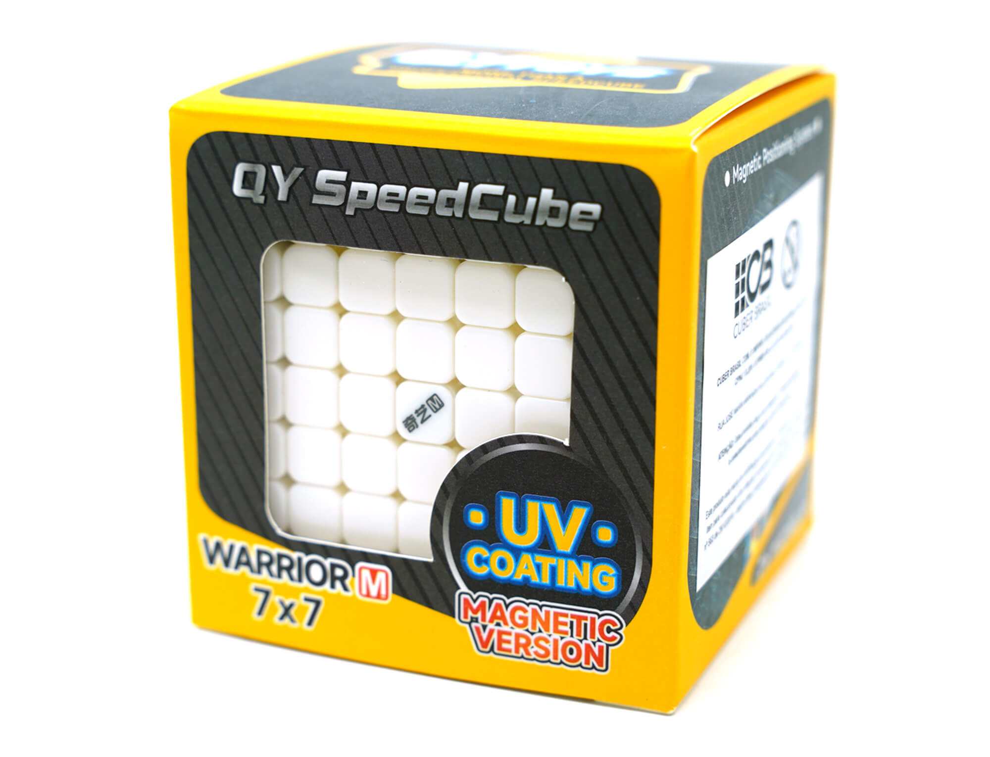 Cubo Mágico 7x7 QiYi Warrior Magnético UV — embalagem e cubo lado a lado