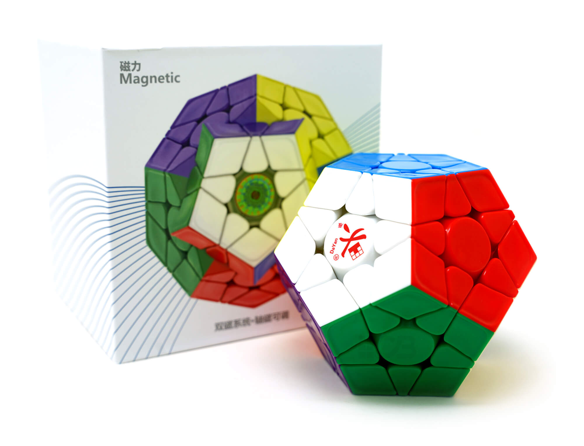 Megaminx DaYan WuMo Pro+ ao lado da embalagem mostrando apresentação completa