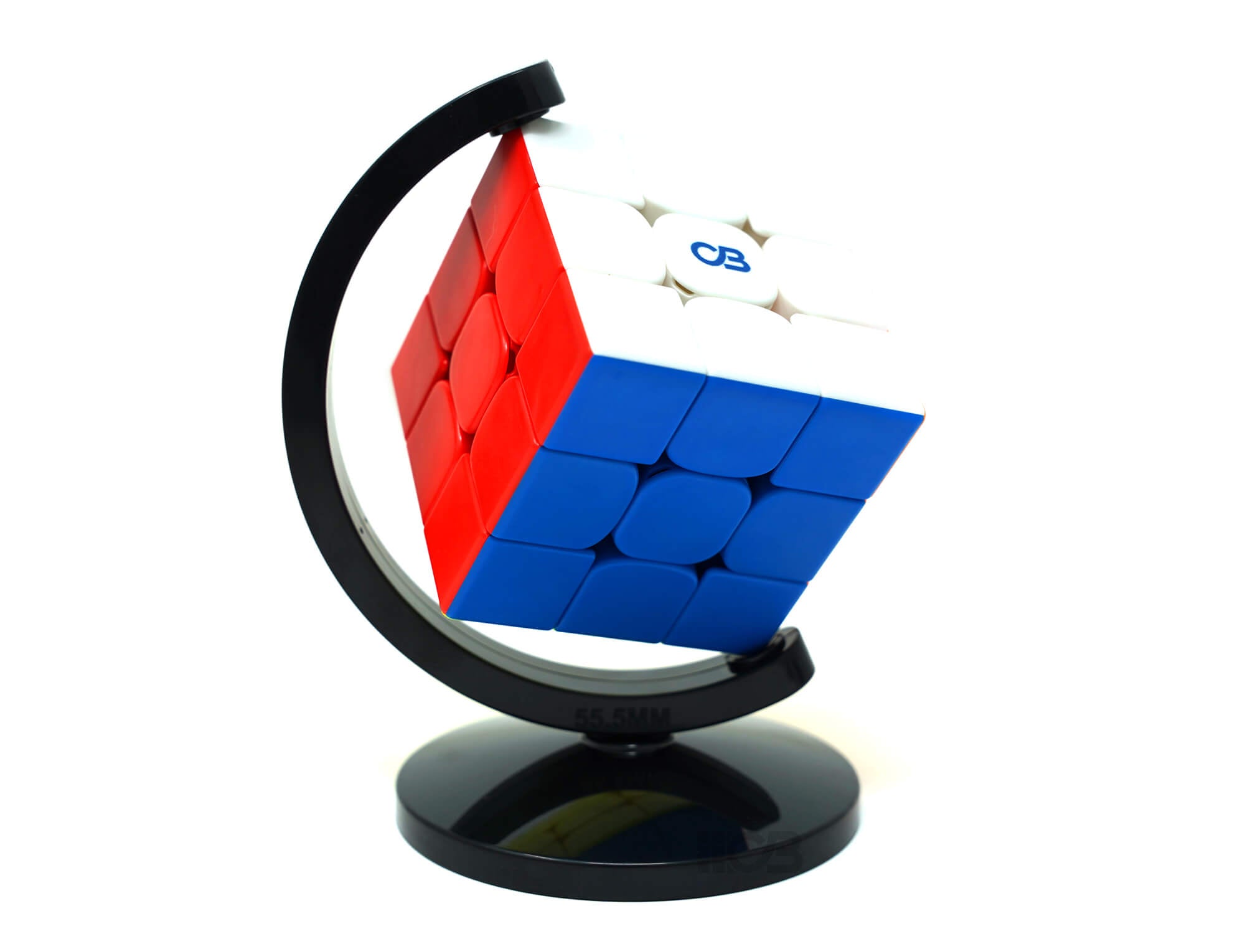 Base expositora Globo Mágico MoYu com cubo mágico 3x3 posicionado no suporte esférico translúcido