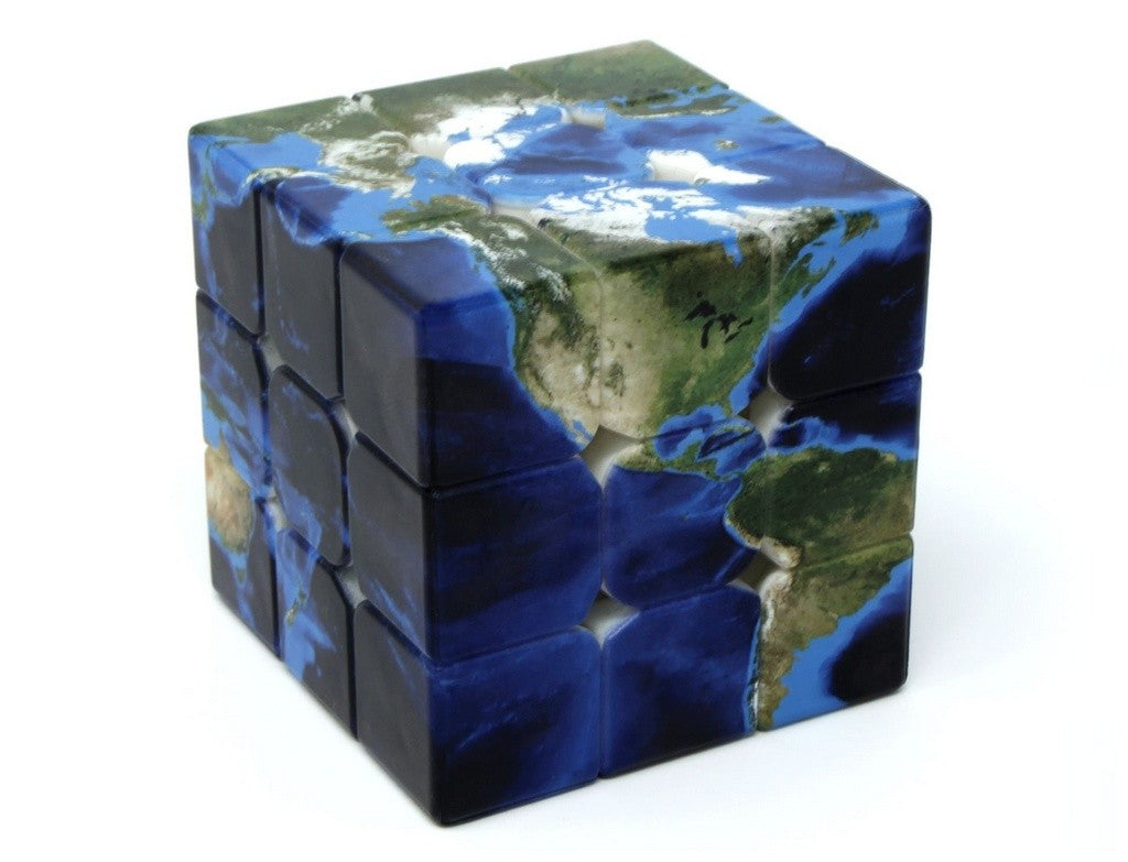 Cubo Mágico 3x3 Planet com os continentes do mundo impressos em UV, vista frontal mostrando três faces