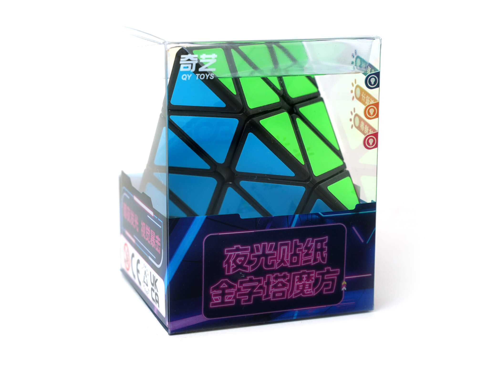Pyraminx Fluorescente QiYi — detalhe das peças stickerless com cores fluorescentes