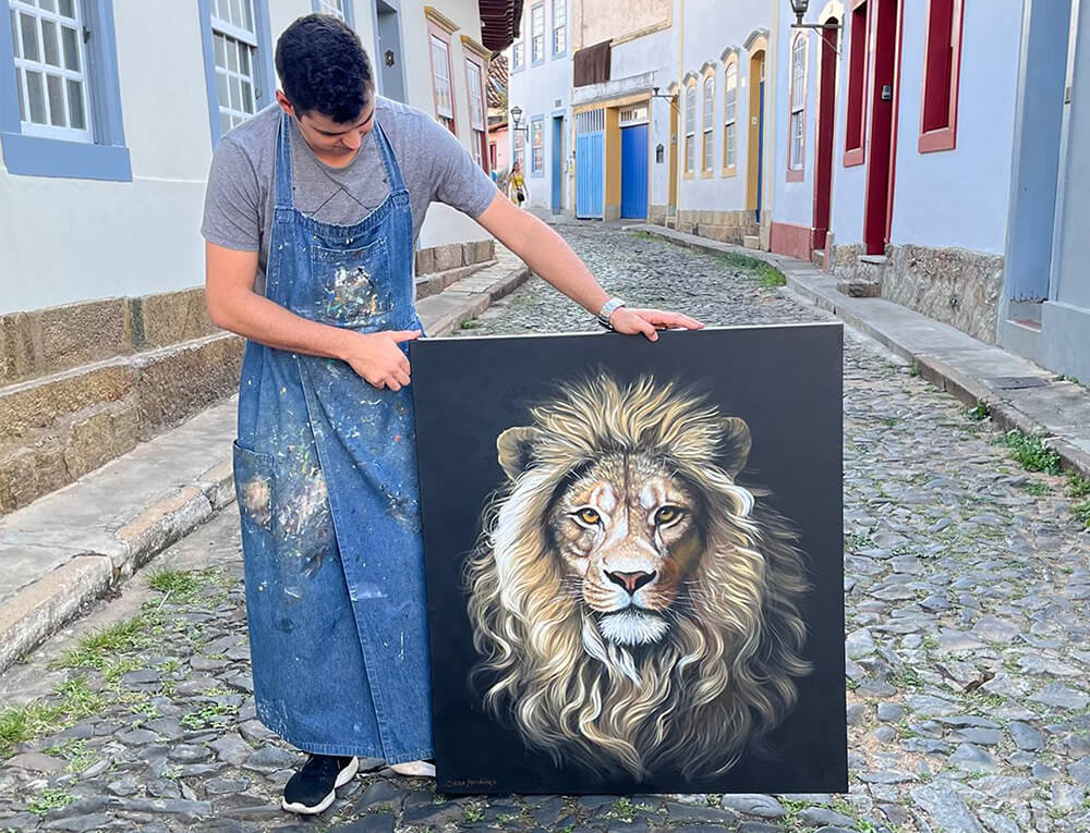 Faces do cubo com impressão UV da série Leões de Diego Mendonça — detalhe das cores