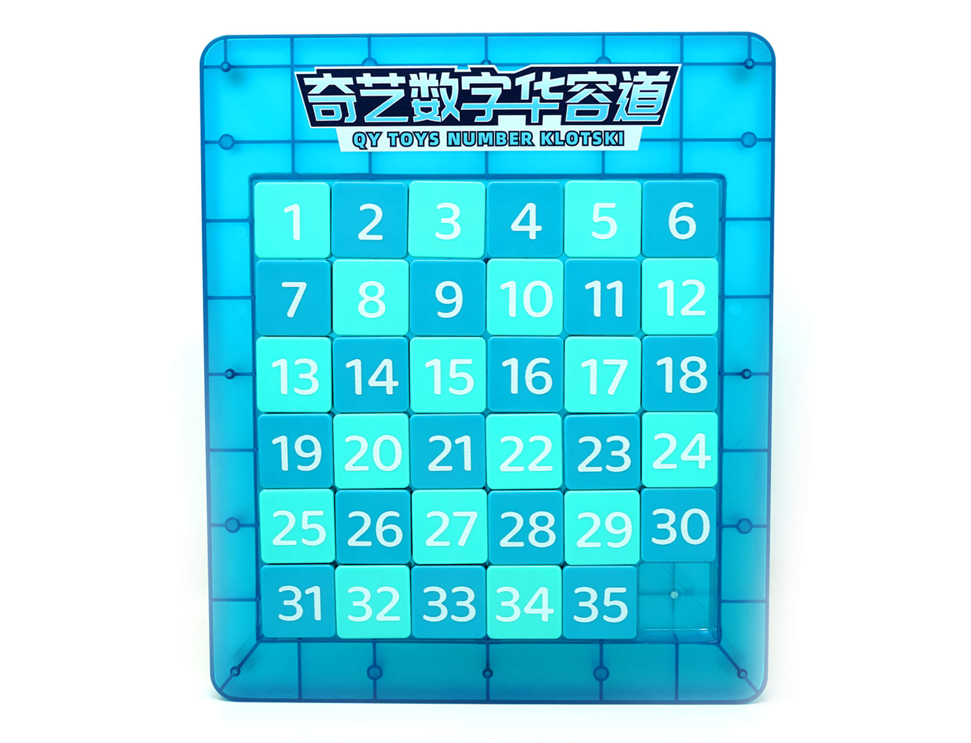 Racha Cuca 6x6 Magnético QiYi azul transparente — vista frontal com as peças na posição inicial