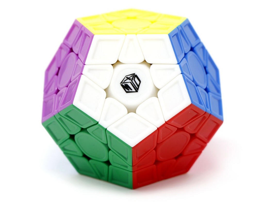 Megaminx Galaxy QiYi stickerless — vista frontal mostrando as 12 faces coloridas do dodecaedro