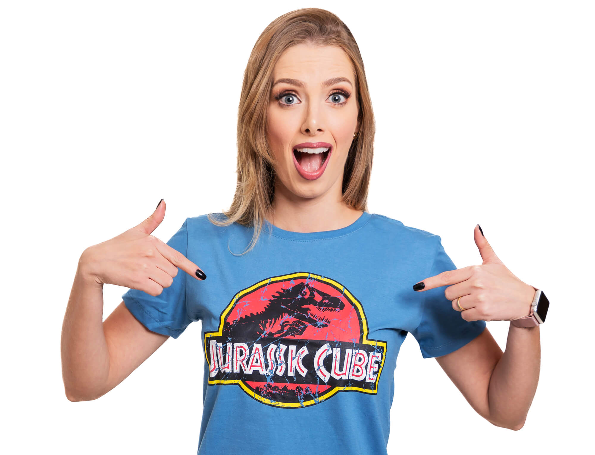 Camiseta baby look Jurassic Cube com estampa de dinossauro e tema cuber, vista frontal