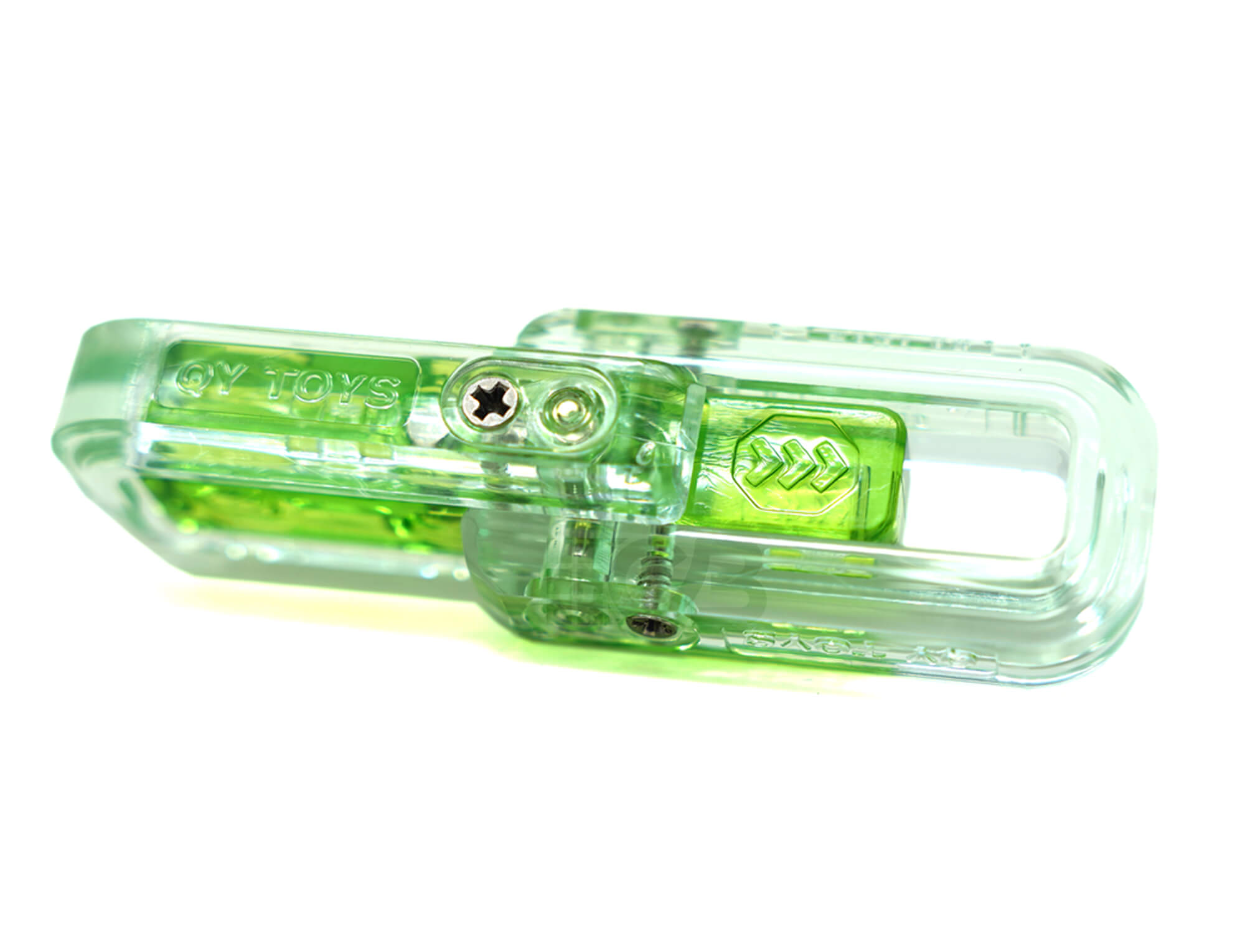 Fidget Slider verde QiYi — vista frontal mostrando os dois retângulos em plástico translúcido