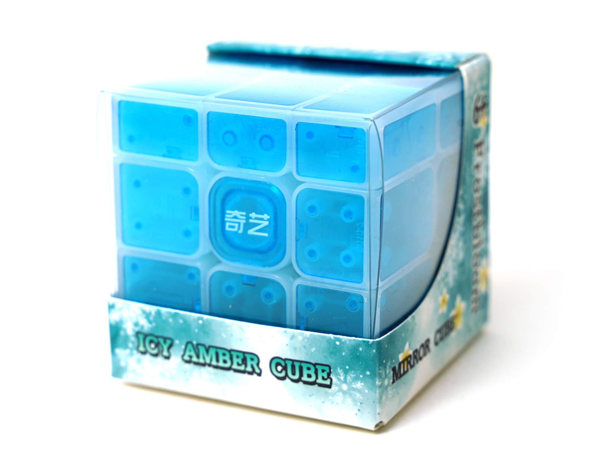 Mirror Blocks 3x3 QiYi Icy Amber azul — cubo solucionado mostrando superfície espelhada uniforme