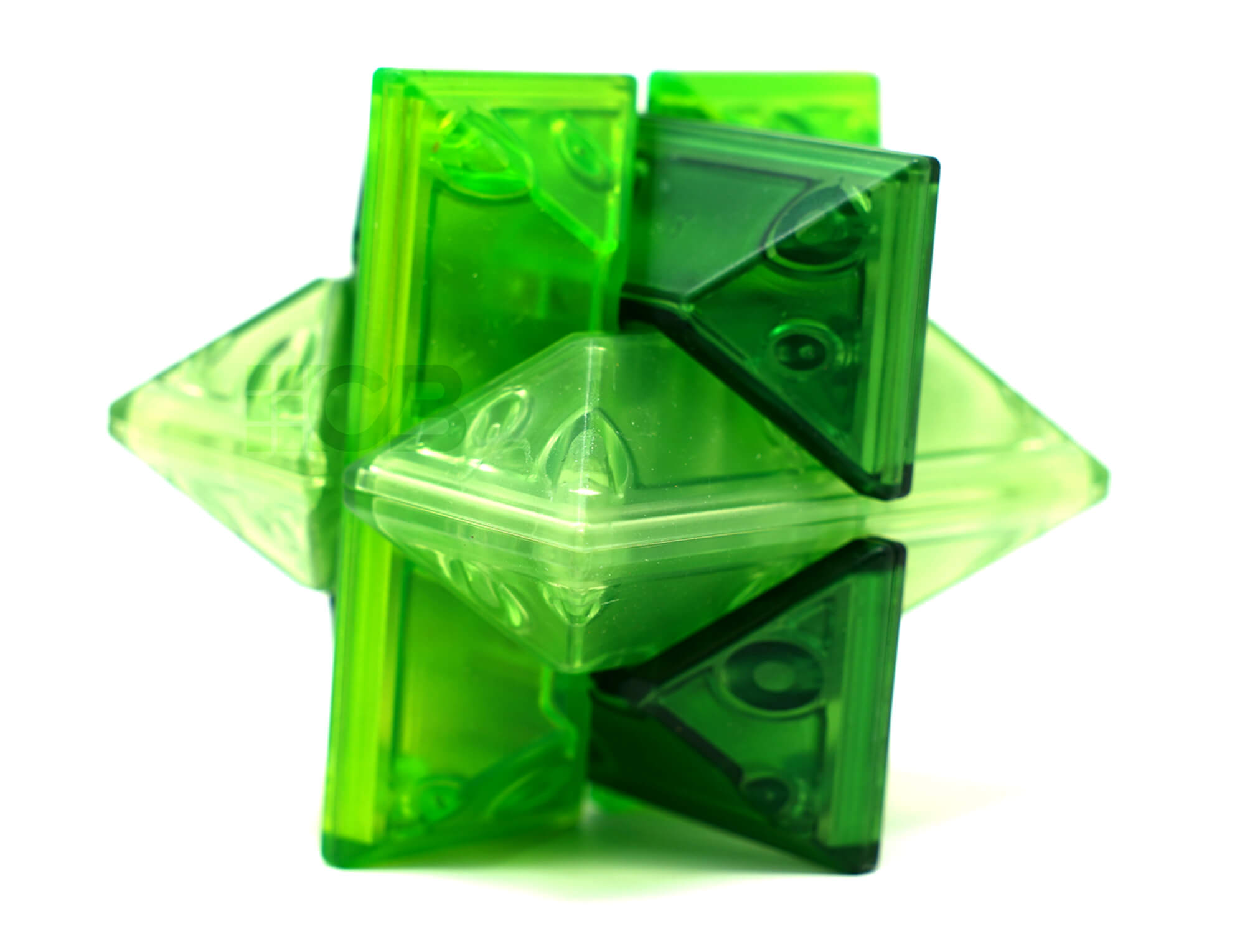 Kong Ming Lock Gem Verde QiYi em plástico ABS translúcido, vista frontal montado